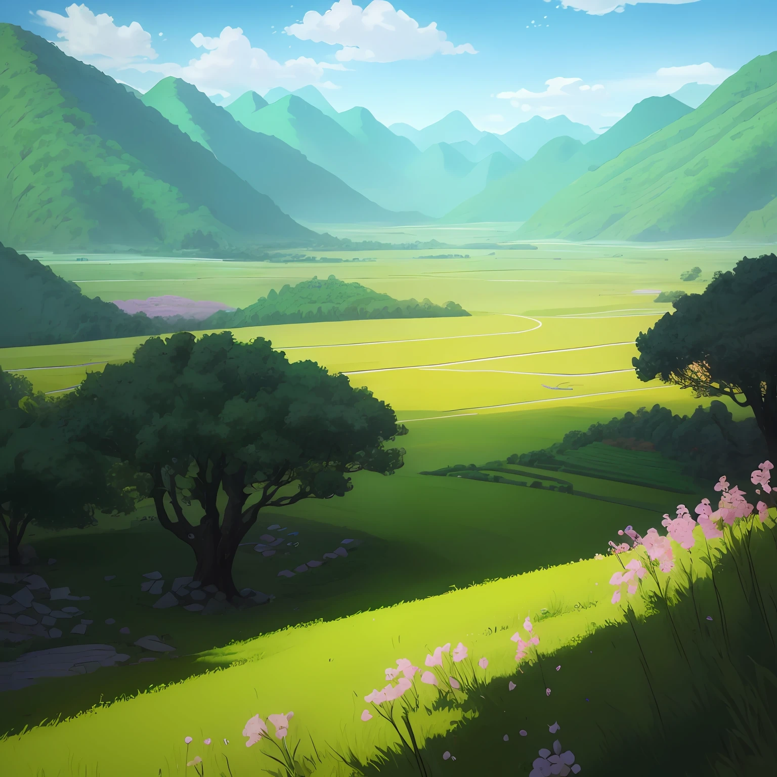 Chinese animation landscape,Ground view inside the forest,There are trees, There are meadows, There are flowers and small grasses,4k高清