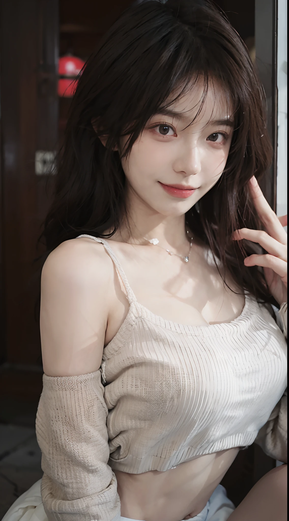 best qualtiy, 超高分辨率, (realisticlying:1.4),cute hairpin,Baoyu Girl,1girll, Beautiful woman with a slim figure:1.4, Abs:1.1, (A brown-haired, mideum breasts:1.3), Long pink sweater:1.1, 浴室,Ultra-fine face,Elaborate Eyes,二重まぶた,ssmile,choker necklace