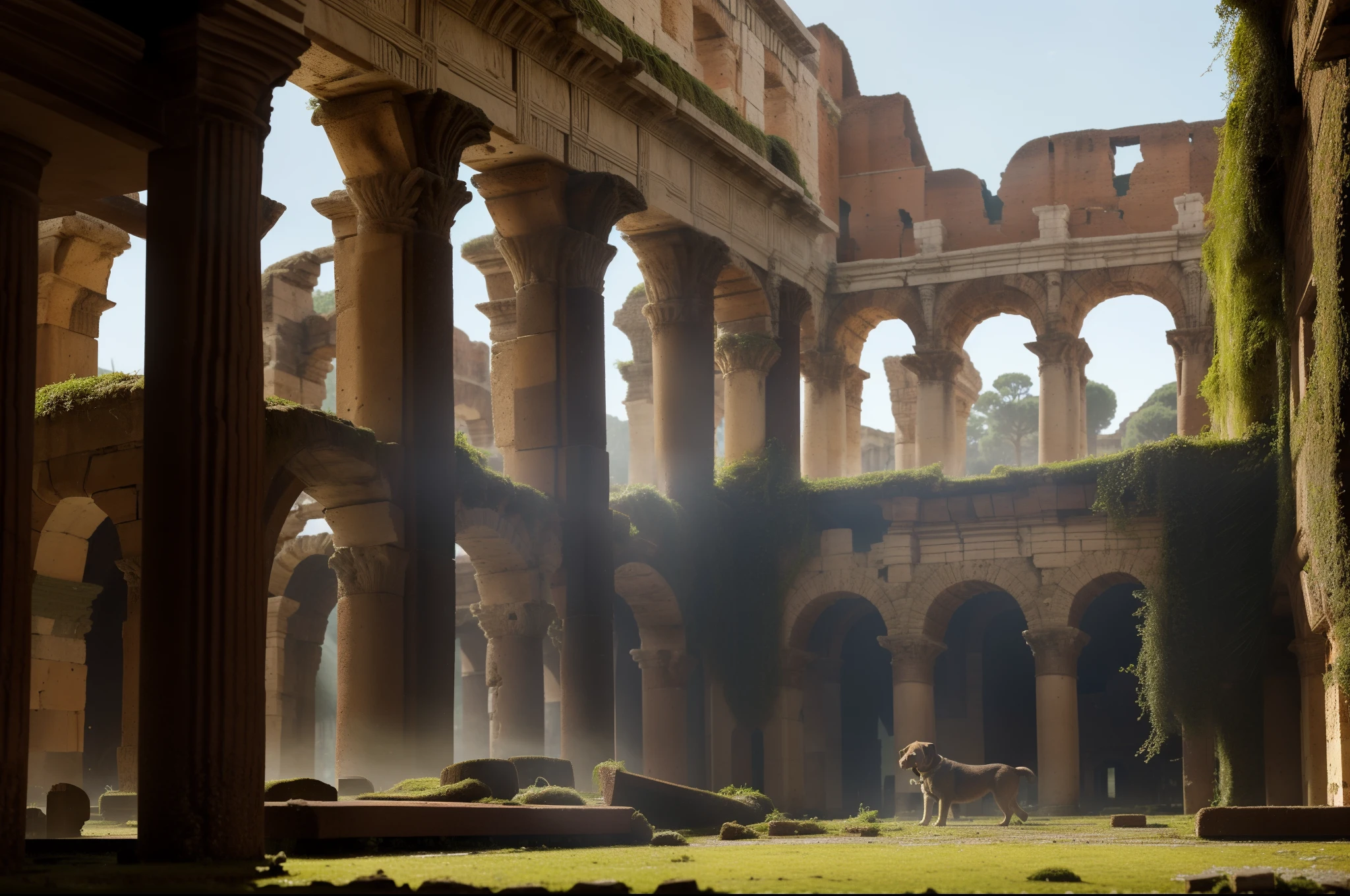 A Roman city in ruins, debris, Colosseum like arena in ruins, plants and moss growing on the ruins, a stray dog wandering around. Backview of Roman legionary looking at the ruins. Illuminated by natural sunlight. Highly detailed. Ray traicing.