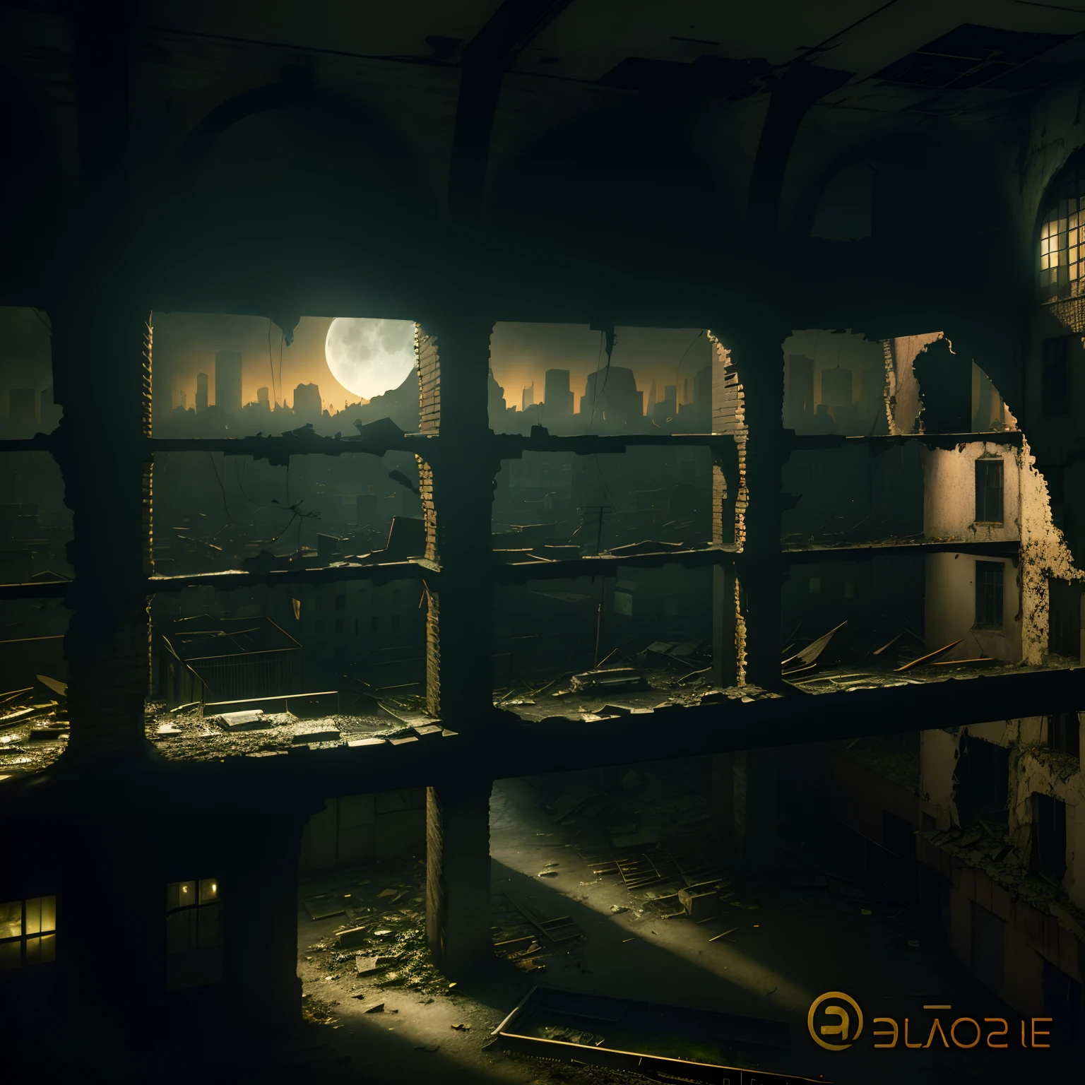 An abandoned cityscape with crumbling buildings and crumbling streets, with the shadows casting long shadows across the landscape. The air is filled with the smell of rotting food and decaying clothing, with the occasional hint of smoke and steam rising from the ruins. The moon casts a warm glow on the scene, contrasting with the dark and dank atmosphere of the abandoned city. shallow depth of field, low light, long exposure