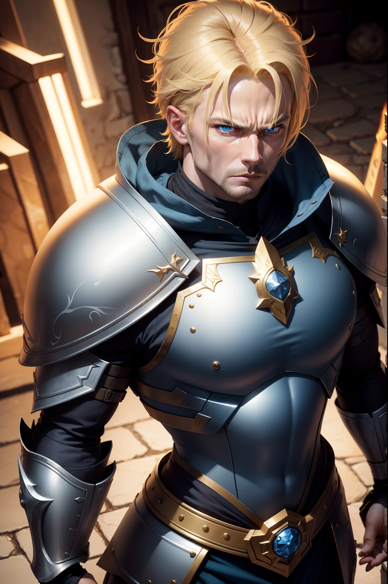 8k realistic image of blond man, 35 years old, blue eyes, short blond hair, strong, angry expression, dressed in silver RPG warrior garb with golden shoulder pads, looking down, in a large dungeon, Art style anime