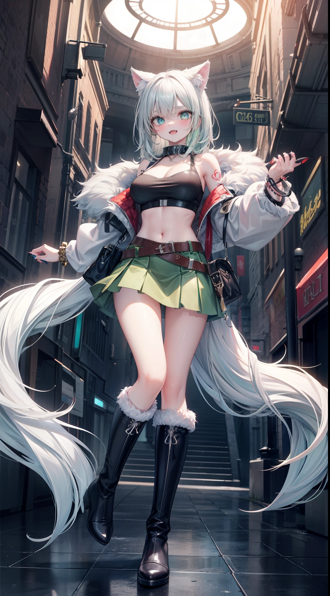 werewolf girl, ((fluffy skin)), paws on foots, fluffy fur on body, ((fangs)), ((claws)), tight crop top, cleavage, decolette, huge metal bracelets, huge metal collar, high over-the-knee boots, light green extremely_detailed_(lacy, fur, silk, satin)_(clothing, skirt), (light green clothing), detailed face, detailed beautiful shiny eyes, slit pupils, metallic reflections, futuristic city square, (tatooed, marked)_fit_muscular_body, (((1girl))), portrait, (full body), natural breasts, medium length hair, masterpiece, best quality, beautiful and aesthetic:1.2, fractal art:1.4, 16K, HDR, RTX, Ray Tracing, Radiosity, Anisotropic Filtering, Subsurface Scattering