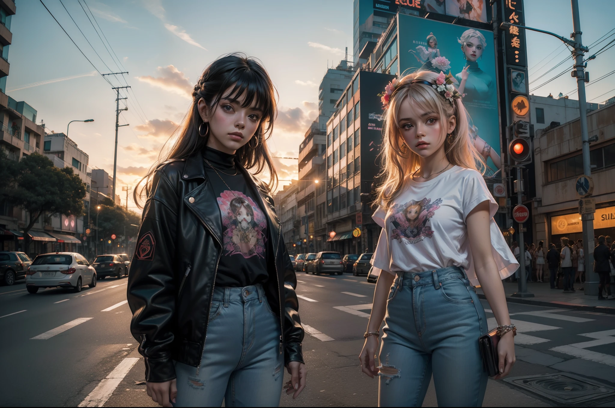 digital art, 3D, realistic. Alfons Mucha, raytracing. English text with neon letters "DAME PACIENCIA", superimposed over the upper side. Portrait of cute chibi BJD doll girls and chibi BJD doll boys dressed with jeans, white T-shirts and red or black leather jackets, holding a billboard, text written on the billboard "DAME PACIENCIA" with neon pale aqua letters. They are gathering together before a rock concert in Rock in Rio. Nice city square with flowers, plants, trees and old style street farolas. Illuminated by sunset light and neon letters. High definition, highly detailed. Great angular, great depth of field.