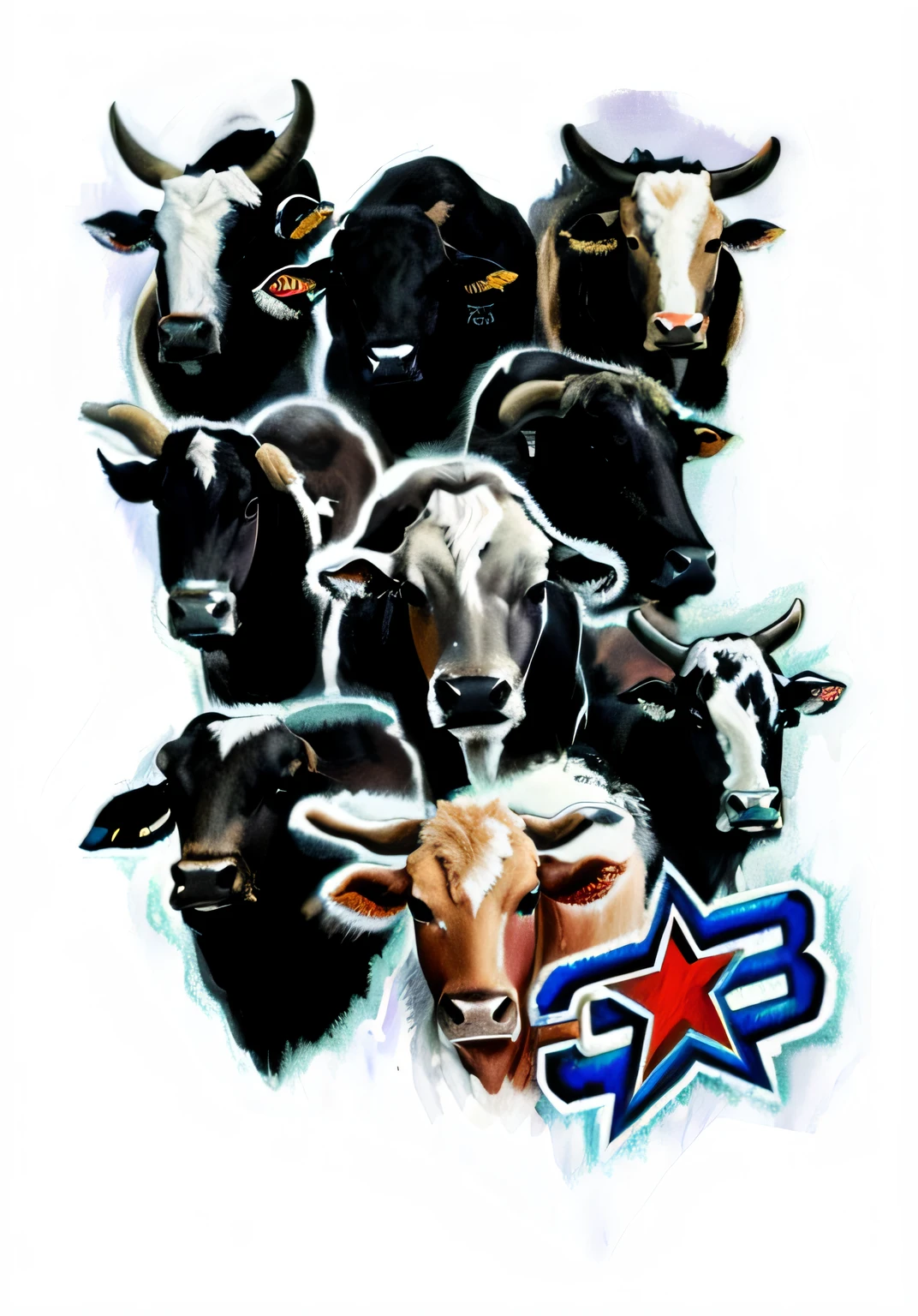There are many cows that are grouped in one photo, random cows, vacas, Bovina, pbr, Sub Arte, Novi Estrelas, bull head, Arte em destaque, the spirit of the bull run, version 3, Directed by: Alexander Bortnik, Directed by: John Backderf, Directed by: Tony Szczudlo, Spangled
