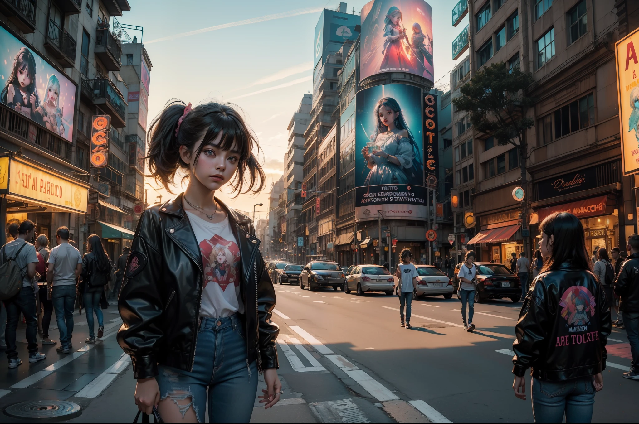 digital art, 3D, realistic. Alfons Mucha, raytracing. English text with neon letters "DAME PACIENCIA", superimposed over the upper side. Portrait of cute chibi BJD doll girls and chibi BJD doll boys dressed with jeans, white T-shirts and red or black leather jackets, holding a billboard, text written on the billboard "DAME PACIENCIA" with neon pale aqua letters. They are gathering together before a rock concert in Rock in Rio. Nice city square with flowers, plants, trees and old style street farolas. Illuminated by sunset light and neon letters. High definition, highly detailed. Great angular, great depth of field.