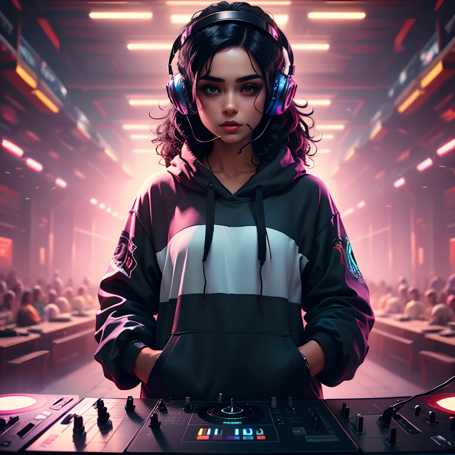 alta qualidade, melhor qualidade de imagem, best quality, alta qualidade, 8k, 16k, 32k, Beautiful woman, Estilo perfeito, Beautiful, Cara Amada, black hair black charcoal hair, cabelo cacheado afro volumoso, moletom largo design legal colorido, garota gamer DJ, olho preto castanho, grande, voluminous eyelashes, headphone headset com leds coloridos dj gamer, garota gordinha, white and pale skin, covinhas e muitas sardas