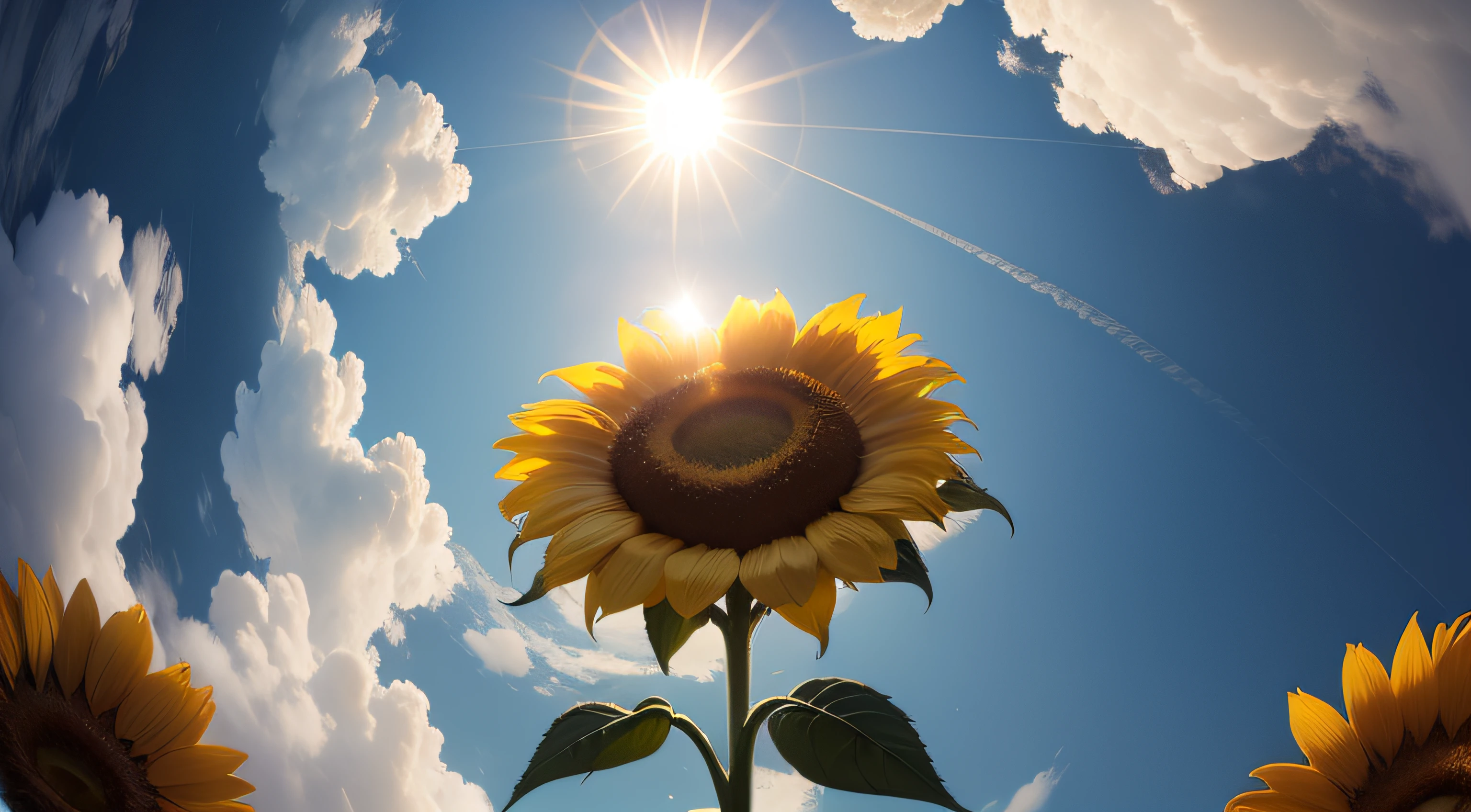 Sun flower、Sunflower flowers、Dark blue sky、8K、top-quality、realisitic、from below looking up