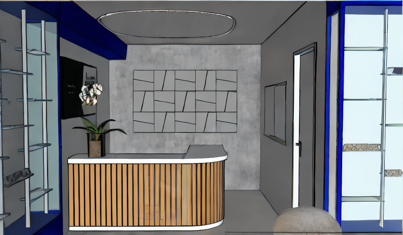 a rendering of a reception area with a plant in a pot, an illustration of a bar/sallon, imagem renderizada, 2 d render, Reception desk in lacquered oak, pre-rendered, cenografia, in style of 3d render, bem renderizado, Architectural finishes, vue 3d render, renderizado no enscape, 3d renderizado, 3 d renderizado