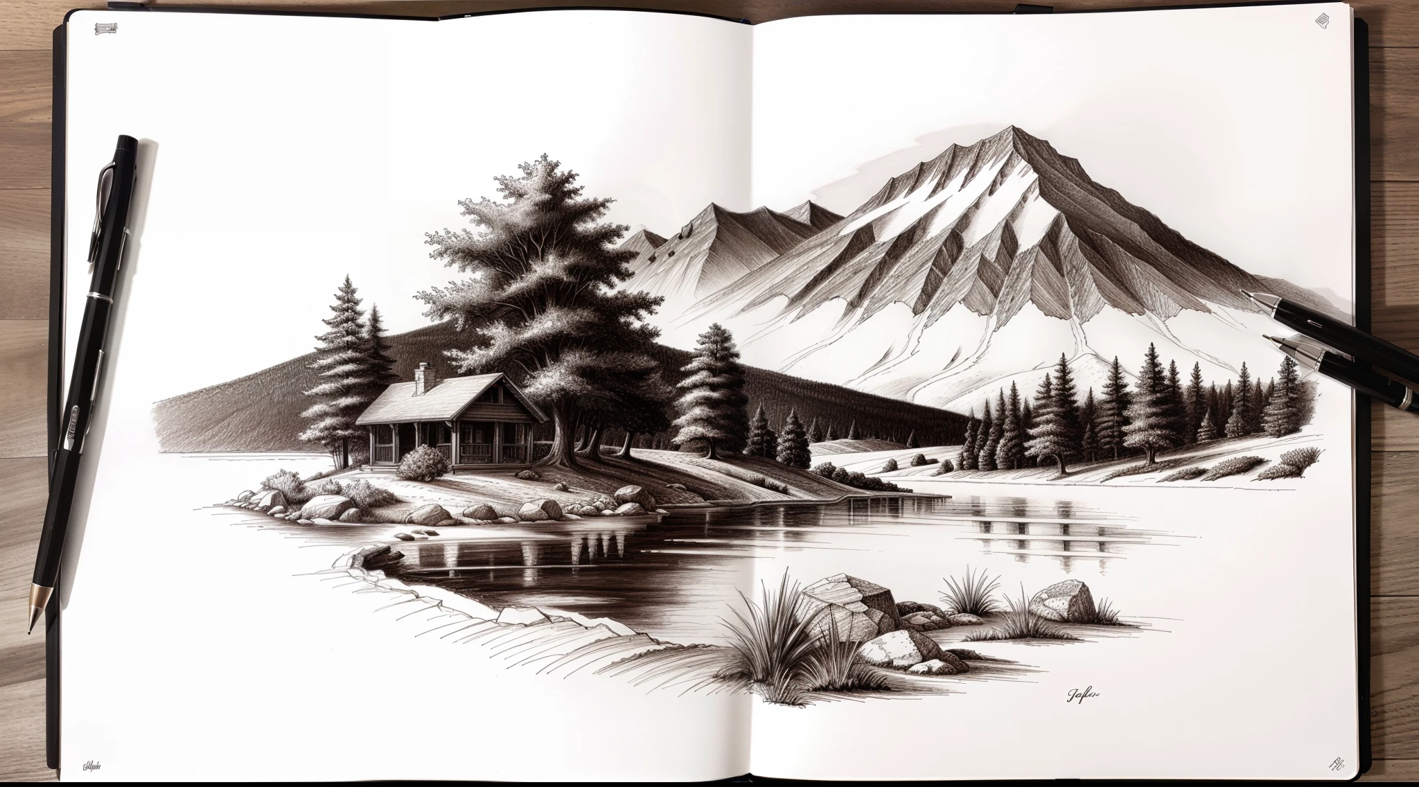 A landscape drawing with a ballpoint pen