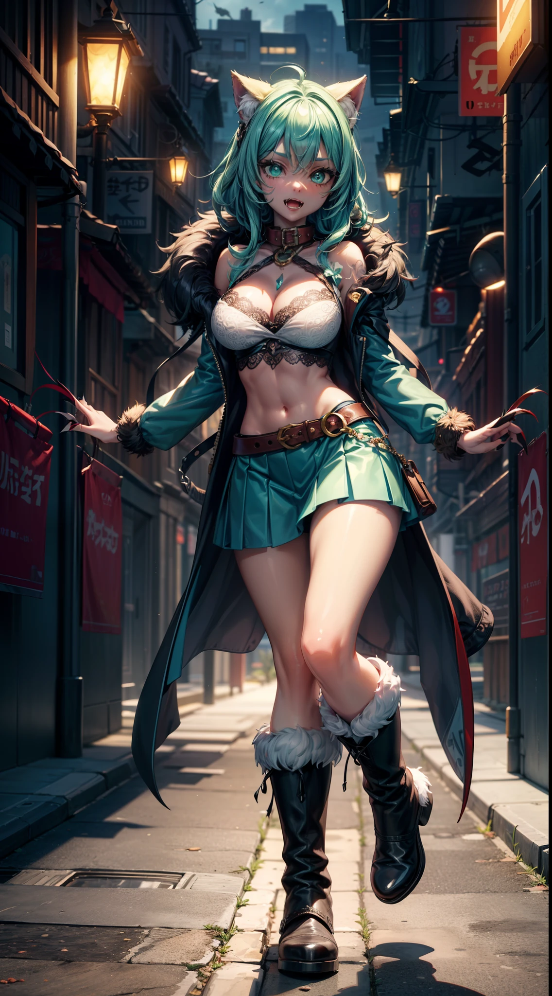 werewolf girl, ((fluffy skin)), paws on foots, fluffy fur on body, ((fangs)), ((claws)), tight crop top, cleavage, decolette, huge metal bracelets, huge metal collar, high over-the-knee boots, light green extremely_detailed_(lacy, fur, silk, satin)_(clothing, skirt), (light green clothing), detailed face, detailed beautiful shiny eyes, slit pupils, metallic reflections, futuristic city square, (tatooed, marked)_fit_muscular_body, (((1girl))), portrait, (full body), natural breasts, medium length hair, masterpiece, best quality, beautiful and aesthetic:1.2, fractal art:1.4, 16K, HDR, RTX, Ray Tracing, Radiosity, Anisotropic Filtering, Subsurface Scattering