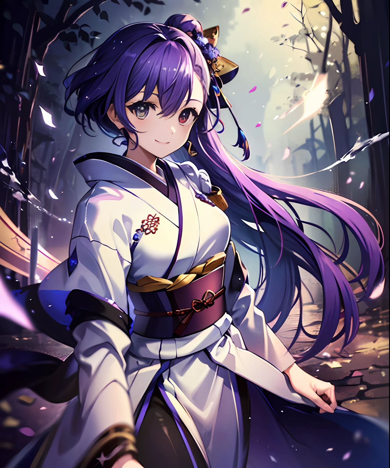 (((​masterpiece)))、(((top-quality)))、((ultra-detailliert))、1girl in、A smile、The long-haired、Light purple hair、strong breeze、In nature、Holding a sword in his hand、Kimono、Longsword、battle field、Star chips