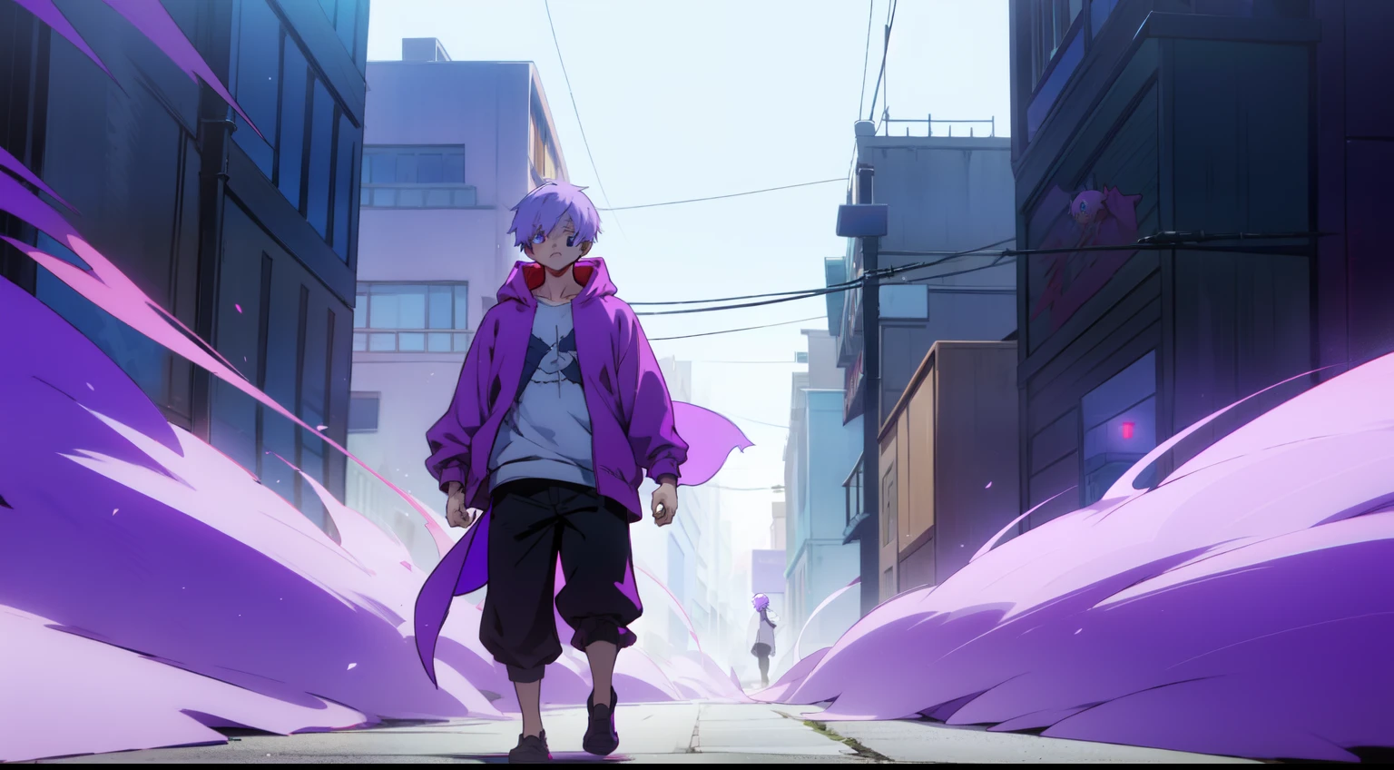 Anime character walking down a city street wearing a purple coat, Estilo anime 4K, Badass Anime 8K, Mejor fondo de pantalla de Anime 4K Konachan, Anime style. 8k, Anime Moe Artstyle, Anime Art Wallpaper 8K, 8k!, epic anime style, high quality anime artstyle, Obras de arte al estilo de Guweiz, Anime Art Wallpaper 4K