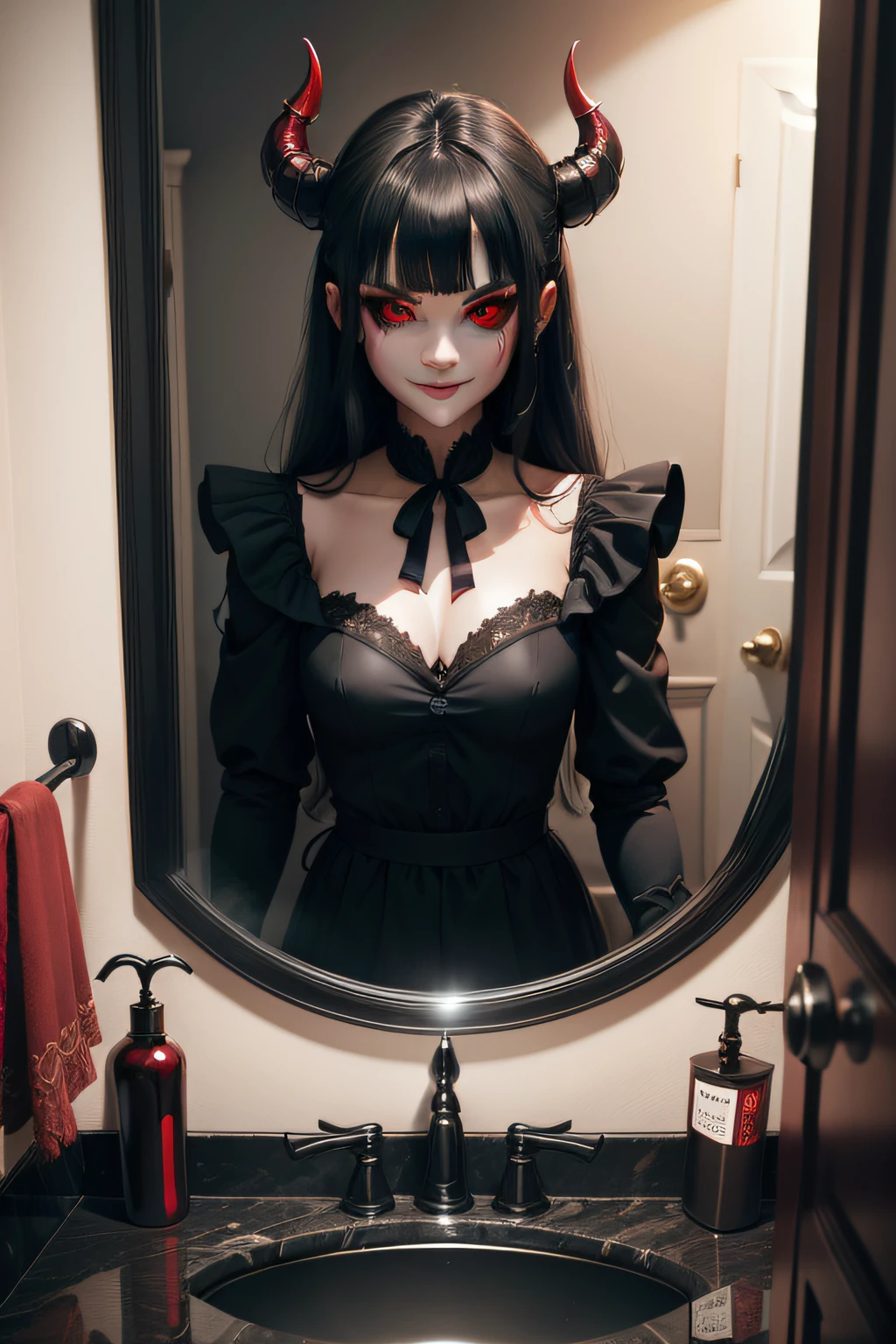 Dark shadow coming out of the mirror with red eyes and devilish smile