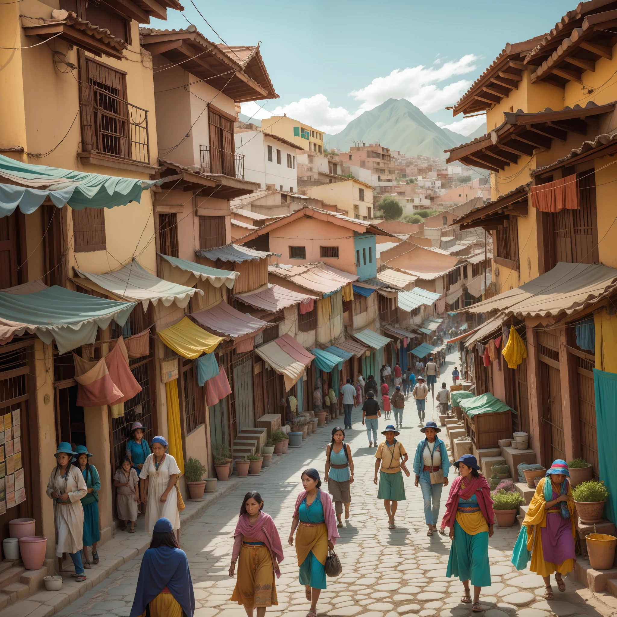 Bolivian street life, beautiful Inca streets, people walking, shopping, trading,  ((Best quality)), ((masterpiece)), (detailed: 1.4)
