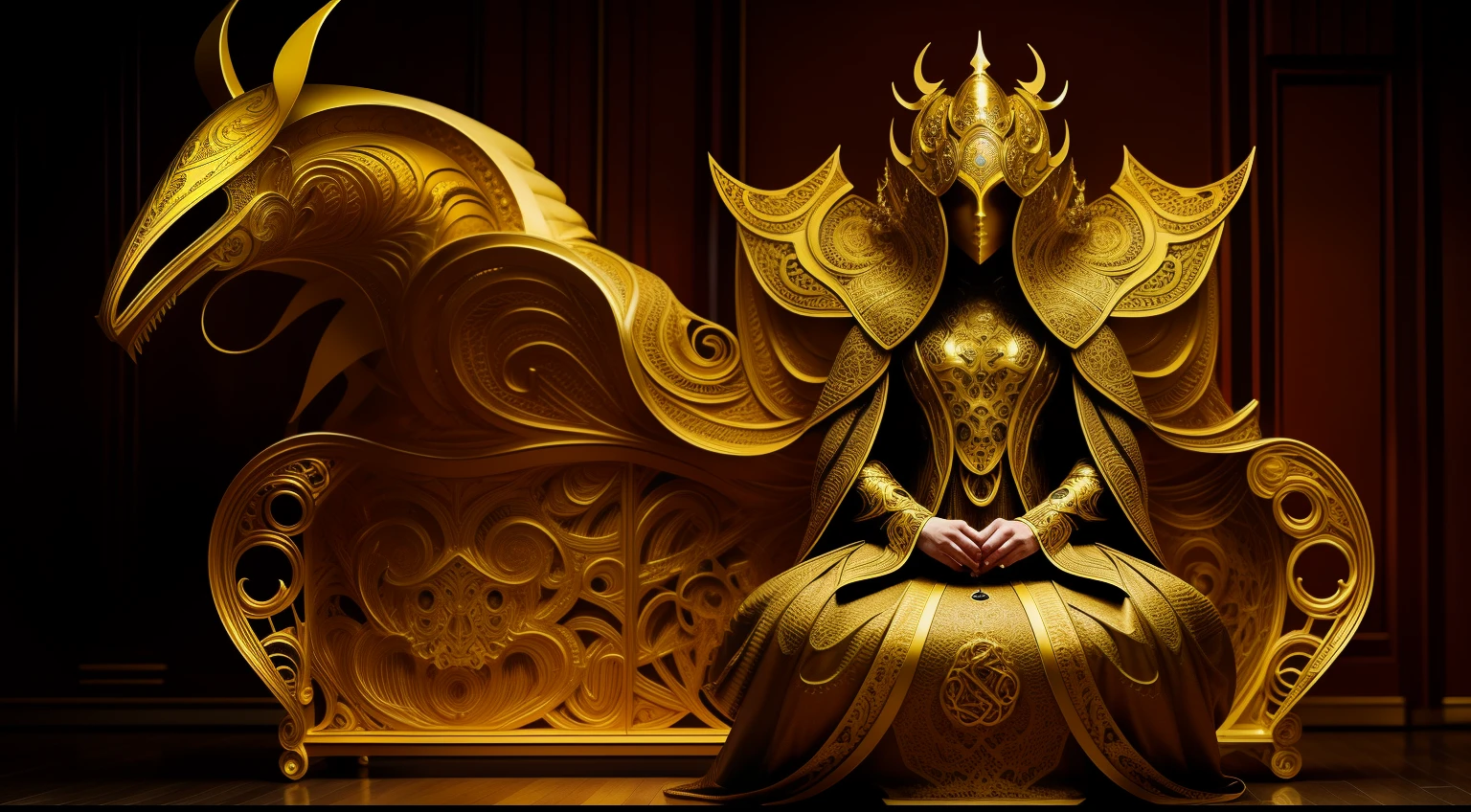 a mid distance high left perspective photograph. Full body shot of a beautiful woman wearing yellow enamel mask and minimalist otherworldly sweeping outlandish otherwordly avante garde Sculptural fashion design, striking eyes, inspired by future avante garde style tomasz alen kopera, cinematic yellow, inspired by Dino Valls, by Hedi Xandt, orthodox art deco cyberpunk, ornate mask, intricate hexagonal filigree costume design, inspired by hr giger, chaise otherworldly seated dramatic profile pose, sultry, outstretched