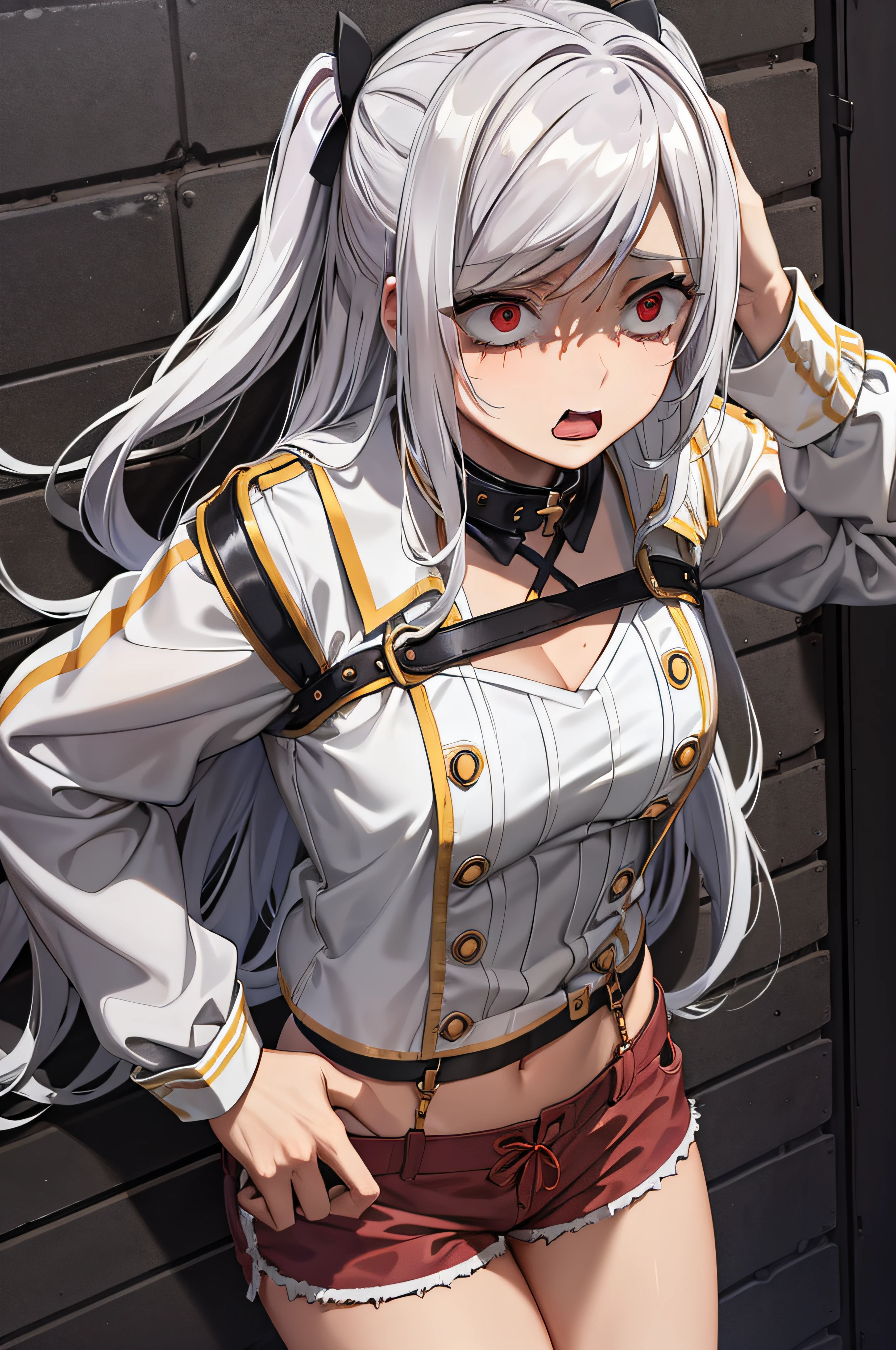 CRAWL,collar,leash,tied up,bondage,scared expression,white hair,red eyes,shorts,top-tank