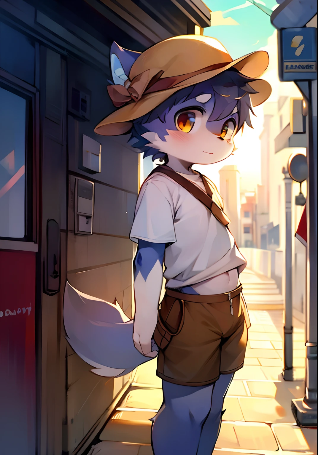 The streets of London at the beginning of the twentieth century,Cute little wolf,Libido boy,Slim figure,pale gray fur,Bright morning sun,Brown newsboy hat,white short blouse,brown shorts,Sell moe,Bright and smart eyes(A masterpiece)(high qulity)(Clear structure)(Clear lines)(Background of extreme detail)(extremelydetailedcharacter),Furry