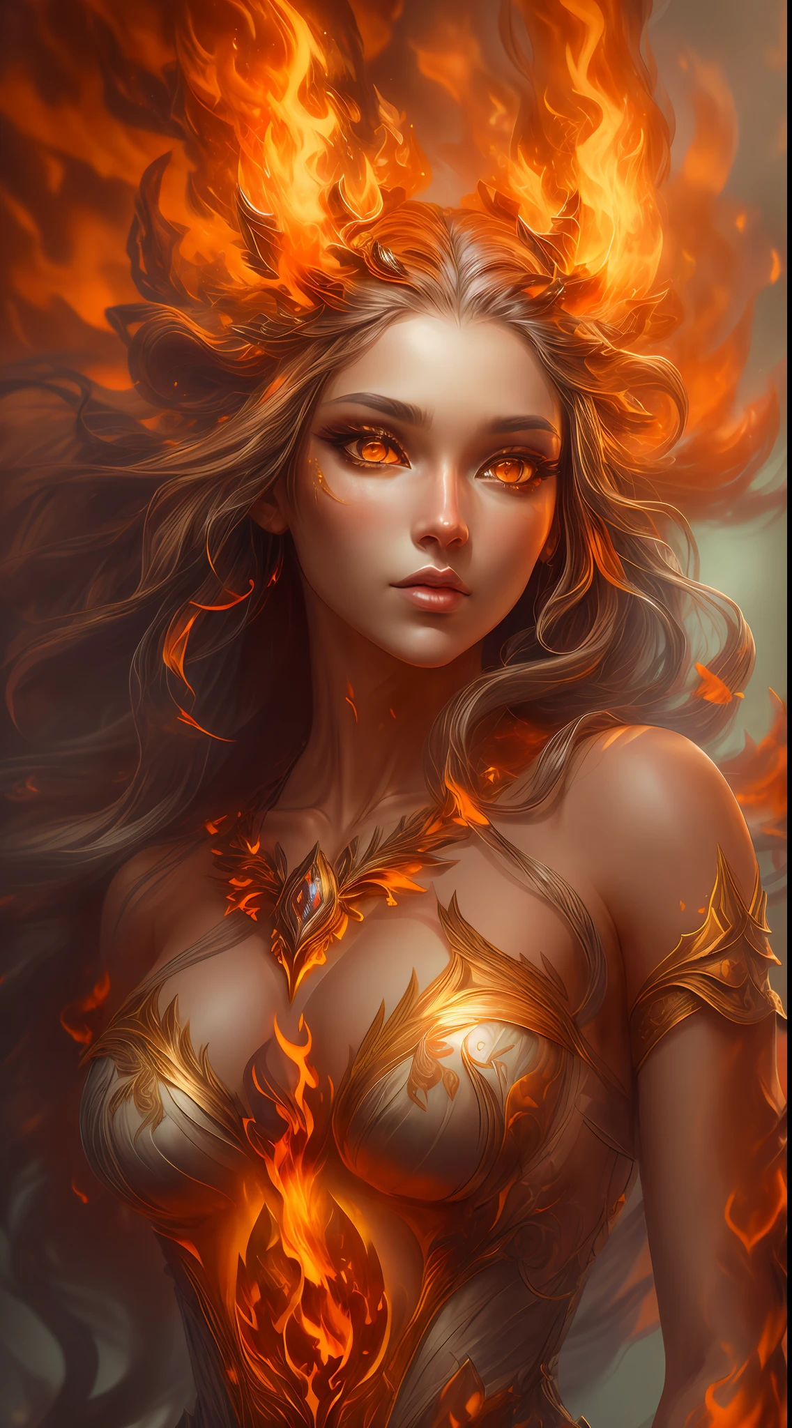 This is a realistic fantasy artwork prominently featuring realistic fire, including wisps of flames, glowing hot embers, subtle curls of smoke, and a beautiful fire druid. The druid stands in the midst of a raging inferno with an interesting composition. Her face is expertly sculpted, with elegant and refined features and perfect shading and realistic skin texture. Her (orange and gold eyes) are stunning and are the focal point of this image. (Her eyes extremely detailed, beautiful detailed eyes, and macro). Her eyes feature intricate detailing with clearly defined irises and bright sclera. Her soft lips are smooth and very puffy, and her skin is adorned with a light flush and ornate fire detailing. Her long gown is stunning and expensive, and is made of pure flames and glittering, ornate jewels that glimmer in the fire light. Her billowing gown glitters from the flames and features a delicately and intricately embroidered bodice with wisps of flames running across it. Include fantasy elements like bumps, stones, fiery iridescence, glowing embers, silk, and an interesting background. Include fiery magical creatures such as fiery birds and fiery butterflies that give off a magical and mystical aura. Lighting: Utilize the latest trends in lighting to enhance the artwork's beauty. Camera: Utilize dynamic composition to create a sense of urgency and excitement. Take inspiration from the current masters of the fantasy genre, including trending artists on Artstation and Midjourney. ((masterpiece))