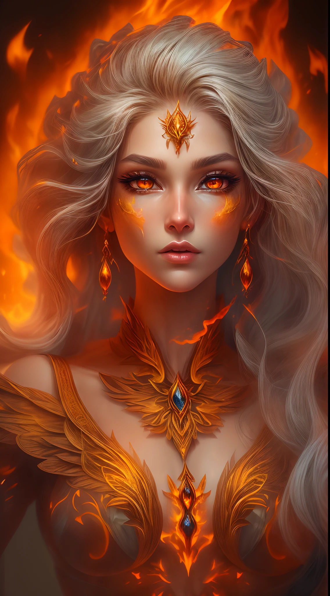 This is a realistic fantasy artwork prominently featuring realistic fire, including wisps of flames, glowing hot embers, subtle curls of smoke, and a beautiful fire druid. The druid stands in the midst of a raging inferno with an interesting composition. Her face is expertly sculpted, with elegant and refined features and perfect shading and realistic skin texture. Her (orange and gold eyes) are stunning and are the focal point of this image. (Her eyes extremely detailed, beautiful detailed eyes, and macro). Her eyes feature intricate detailing with clearly defined irises and bright sclera. Her soft lips are smooth and very puffy, and her skin is adorned with a light flush and ornate fire detailing. Her long gown is stunning and expensive, and is made of pure flames and glittering, ornate jewels that glimmer in the fire light. Her billowing gown glitters from the flames and features a delicately and intricately embroidered bodice with wisps of flames running across it. Include fantasy elements like bumps, stones, fiery iridescence, glowing embers, silk, and an interesting background. Include fiery magical creatures such as fiery birds and fiery butterflies that give off a magical and mystical aura. Lighting: Utilize the latest trends in lighting to enhance the artwork's beauty. Camera: Utilize dynamic composition to create a sense of urgency and excitement. Take inspiration from the current masters of the fantasy genre, including trending artists on Artstation and Midjourney. ((masterpiece))