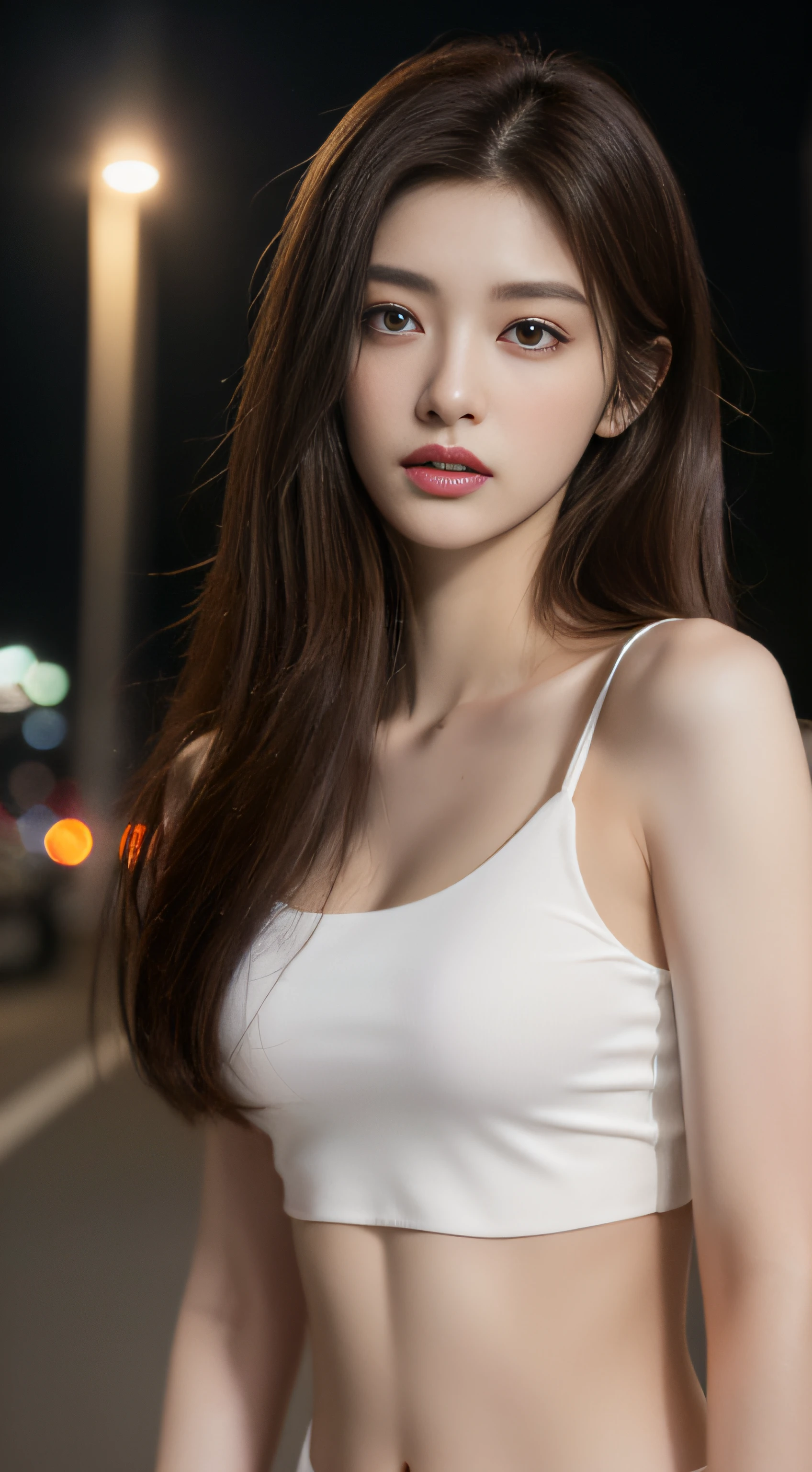 ((Realistic lighting, Best quality, 8K, Masterpiece: 1.3)), Clear focus: 1.2, 1girl, Perfect Figure: 1.4, Slim Abs: 1.1, ((Dark brown hair)), (White crop top: 1.4), (Outdoor, Night: 1.1), City streets, Super fine face, Fine eyes, Double eyelids,