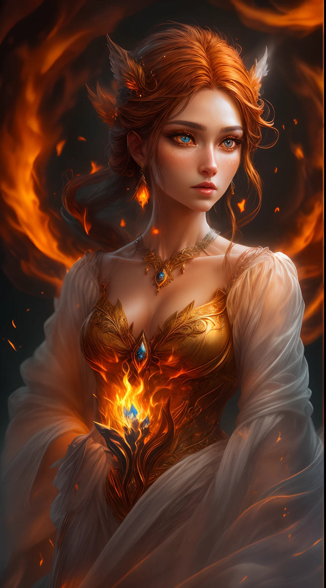 This is a realistic fantasy artwork prominently featuring realistic fire, including wisps of flames, glowing hot embers, subtle curls of smoke, and a beautiful fire druid. The druid stands in the midst of a raging inferno with an interesting composition. Her face is expertly sculpted, with elegant and refined features and perfect shading and realistic skin texture. Her (orange and gold eyes) are stunning and are the focal point of this image. (Her eyes extremely detailed, beautiful detailed eyes, and macro). Her eyes feature intricate detailing with clearly defined irises and bright sclera. Her soft lips are smooth and very puffy, and her skin is adorned with a light flush and ornate fire detailing. Her long gown is stunning and expensive, and is made of pure flames and glittering, ornate jewels that glimmer in the fire light. Her billowing gown glitters from the flames and features a delicately and intricately embroidered bodice with wisps of flames running across it. Include fantasy elements like bumps, stones, fiery iridescence, glowing embers, silk, and an interesting background. Include fiery magical creatures such as fiery birds and fiery butterflies that give off a magical and mystical aura. Lighting: Utilize the latest trends in lighting to enhance the artwork's beauty. Camera: Utilize dynamic composition to create a sense of urgency and excitement. Take inspiration from the current masters of the fantasy genre, including trending artists on Artstation and Midjourney. ((masterpiece))