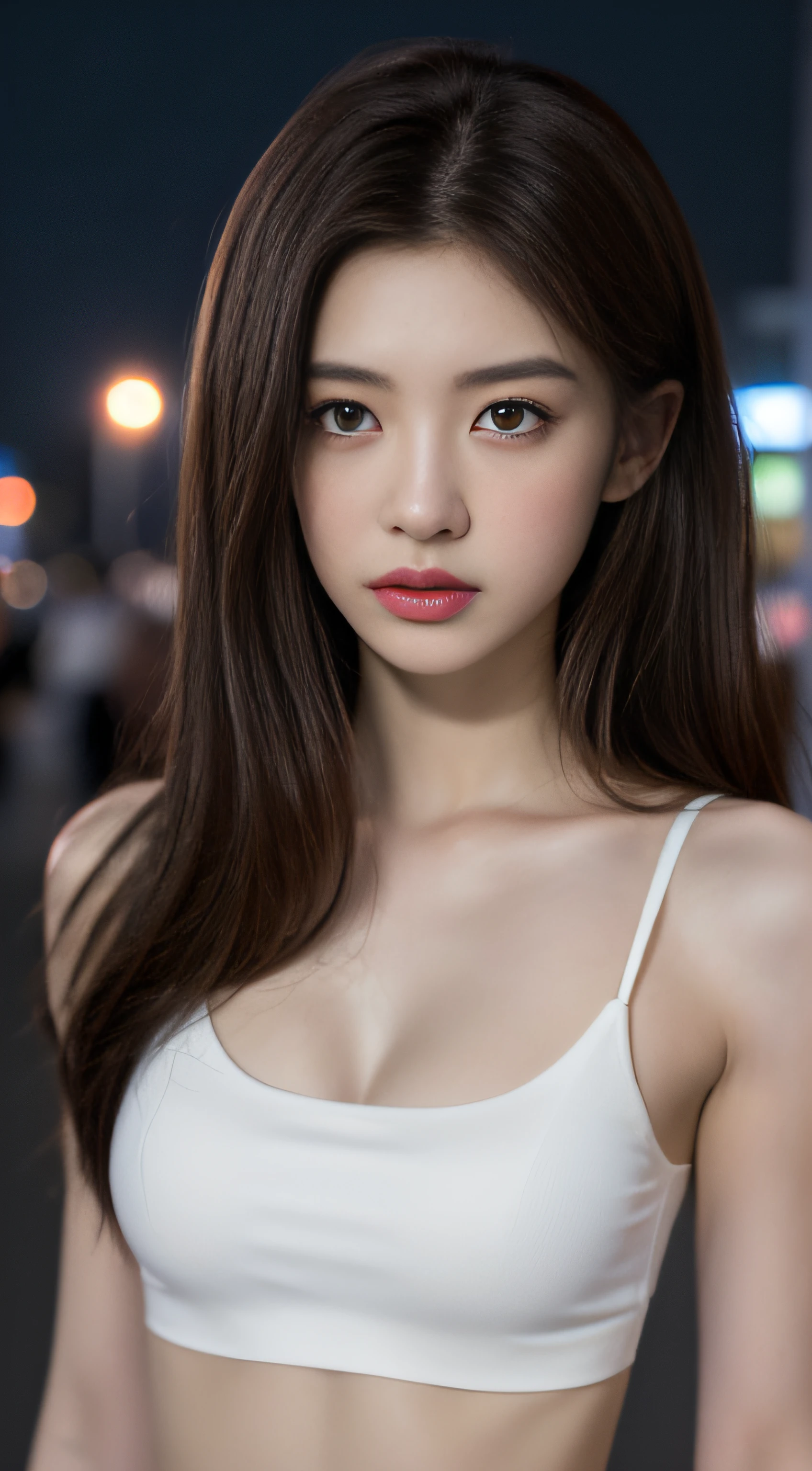 ((Realistic lighting, Best quality, 8K, Masterpiece: 1.3)), Clear focus: 1.2, 1girl, Perfect Figure: 1.4, Slim Abs: 1.1, ((Dark brown hair)), (White crop top: 1.4), (Outdoor, Night: 1.1), City streets, Super fine face, Fine eyes, Double eyelids,