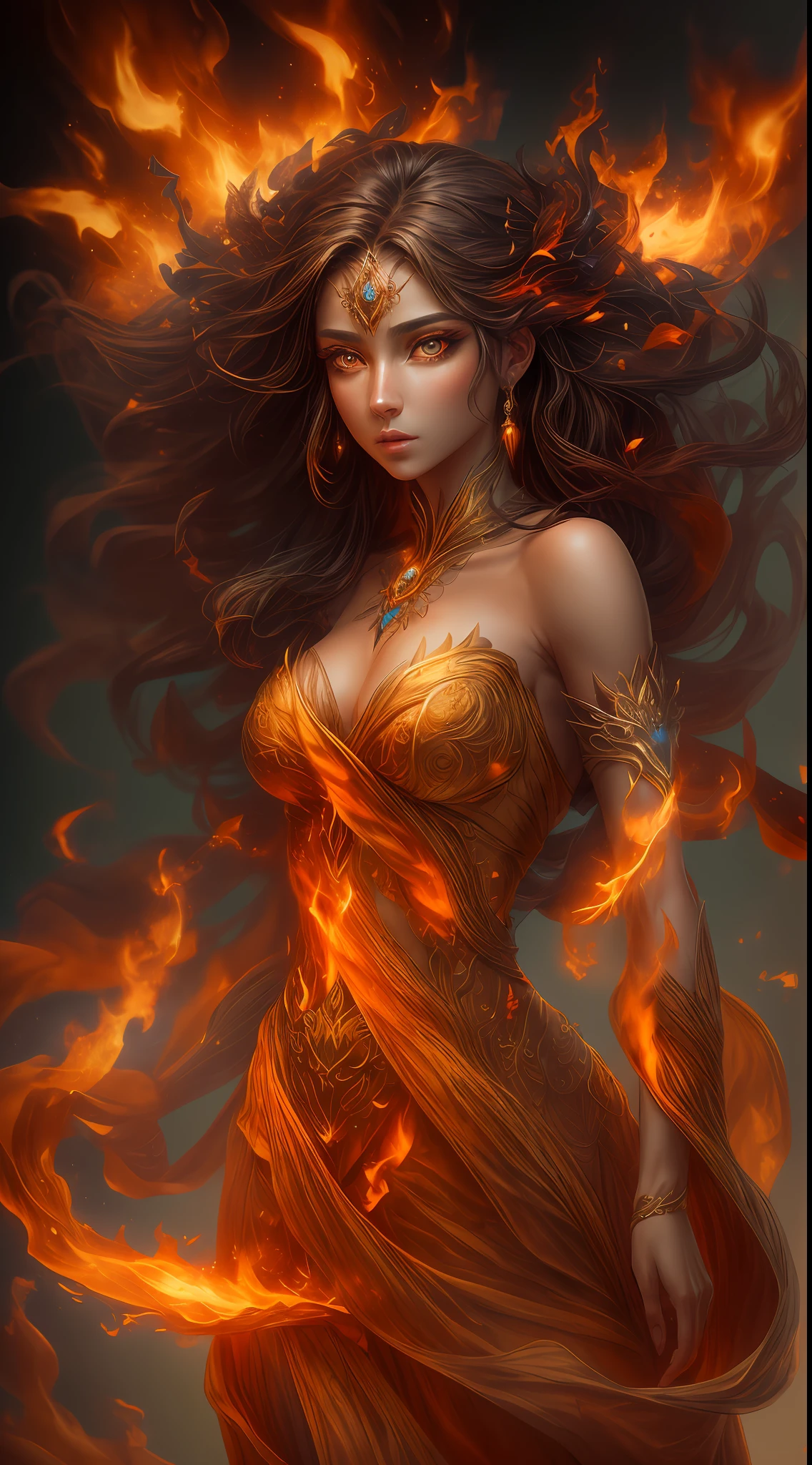 This is a realistic fantasy artwork prominently featuring realistic fire, including wisps of flames, glowing hot embers, subtle curls of smoke, and a beautiful fire druid. The druid stands in the midst of a raging inferno with an interesting composition. Her face is expertly sculpted, with elegant and refined features and perfect shading and realistic skin texture. Her (orange and gold eyes) are stunning and are the focal point of this image. (Her eyes extremely detailed, beautiful detailed eyes, and macro). Her eyes feature intricate detailing with clearly defined irises and bright sclera. Her soft lips are smooth and very puffy, and her skin is adorned with a light flush and ornate fire detailing. Her long gown is stunning and expensive, and is made of pure flames and glittering, ornate jewels that glimmer in the fire light. Her billowing gown glitters from the flames and features a delicately and intricately embroidered bodice with wisps of flames running across it. Include fantasy elements like bumps, stones, fiery iridescence, glowing embers, silk, and an interesting background. Include fiery magical creatures such as fiery birds and fiery butterflies that give off a magical and mystical aura. Lighting: Utilize the latest trends in lighting to enhance the artwork's beauty. Camera: Utilize dynamic composition to create a sense of urgency and excitement. Take inspiration from the current masters of the fantasy genre, including trending artists on Artstation and Midjourney. ((masterpiece))