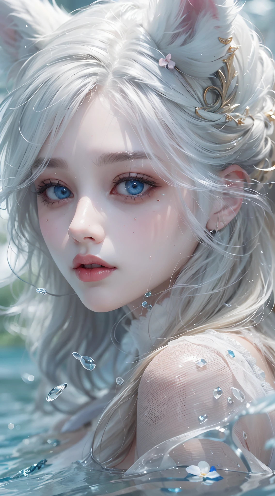 Seven part photos,Masterpiece, Best quality,offcial art, extremely detailed CG 8k wallpaper,(flying petal)(detailed ice) , crystalstexture skin, Cold expression, ((Fox ears)),White hair, long whitr hair, Messy hair, eBlue eyes,middlebreast,view the viewer,Extremely Delicately Beautiful, water, ((beautydetailed eye)), highly detailed, cinmatic lighting,((Beautiful face),fine water surface, (originalfigure painting), Ultra-detailed, incredibily detailed, (Extremely Delicately Beautiful),Beautiful detailed eyes,(Best quality)