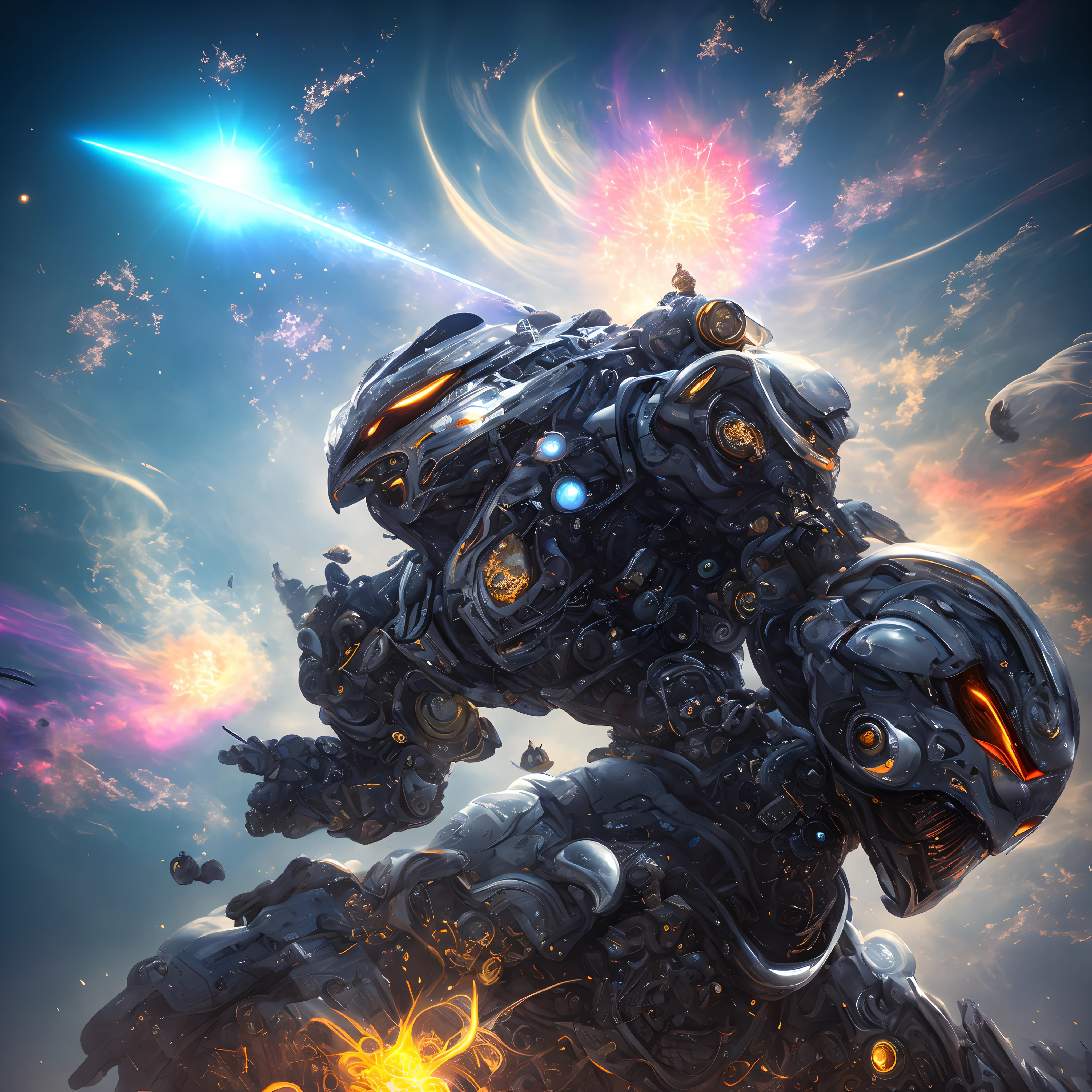 ultra wide angle shot, full body shot, a masterpiece， the best quality， High Quality， （futurism：1.1）， （A paladin holding a light infused sword, light magic, divine, magewave, silver and gold）， movie lights， （Exquisite future）， Beautiful and beautiful， Ultra detailed， Great composition， floating， Depth of field， （Very detailed CG，Unity 8k壁纸）， （Beautiful detail background）， Beautiful hair details， dramatic light， mecha，Bestquality，ultrahighres，photorealistic#] glowing cloud, fractal nebula threads, cosmic entities, celestial, cosmic, vibrant and vivid, swirls, twirling, unrealistic, high contrast, symobolism, magical, mystical, mystifying, hyperrealistic, oversaturate, colorfully