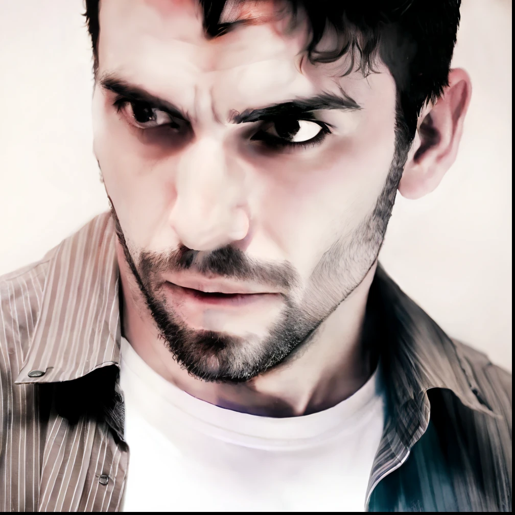 arafed man with a beard and a shirt looking at the camera robotic face