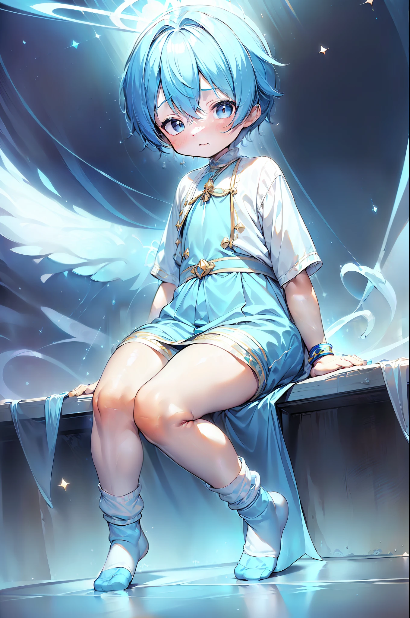 4k, (Masterpiece:1), ********** with blue colored hair and shiny, glowing cyan eyes and socks, wearing divine clothes, sitting on a sidewalk, young, boy, child, small, toddler, tiny feet, focus on feet, sexy feet, blushing, (Young:1.4), (Child:1.4), (Shota:1.4), (male:1.4), (boy:1.4), (divine:1.4), (blue socks:1.4),