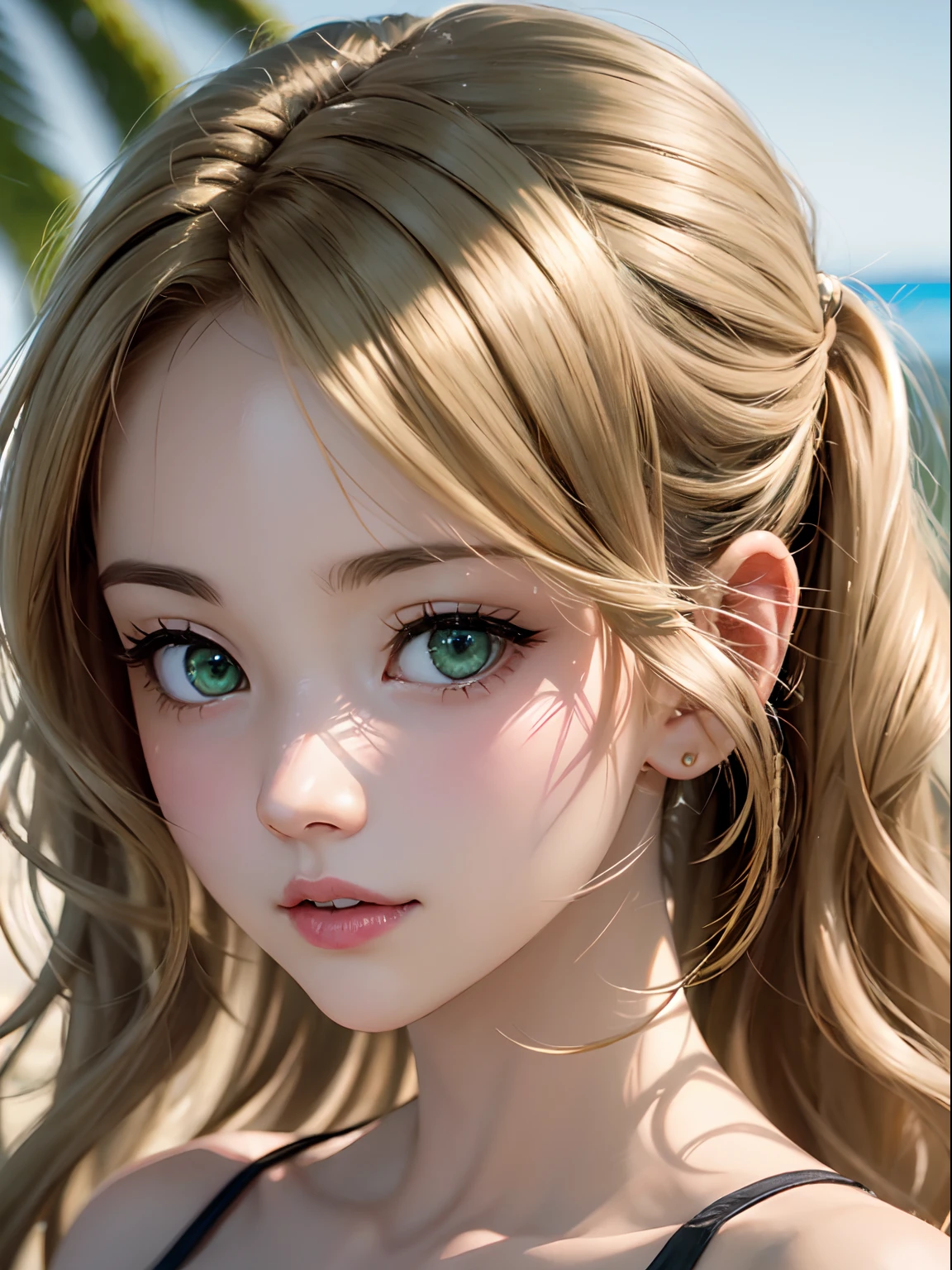realisitic, high-detail, Hyper Detail, depth of fields, NFSW, 1 Lady,  Face, (((1 Lady:1.37, Solo))), (((Extreme close-up of the face))), (Beautiful face, Cute face, Detailed face,),  BREAK, ((( Golden hair, Semi-long hair, Hair pulled back, Wavy Hair. Twin-tailed))), (((Detailed beautiful green eyes,))), BREAK, (((Sunny))), (((in beach))), BREAK, blazing, Shiny skin, extremely detailed CG unified 8k wallpaper, very fine 8KCG wallpaper, anime moe art style, Anime visuals of cute girls, anime style portrait, In an anime style, Beautiful anime, 8K Anime Art Style, In anime style、8K animation with detailed drawings, (​masterpiece, Best Quality), High resolution, Ultra-detailed, ultra-sharp, Cinematic lighting