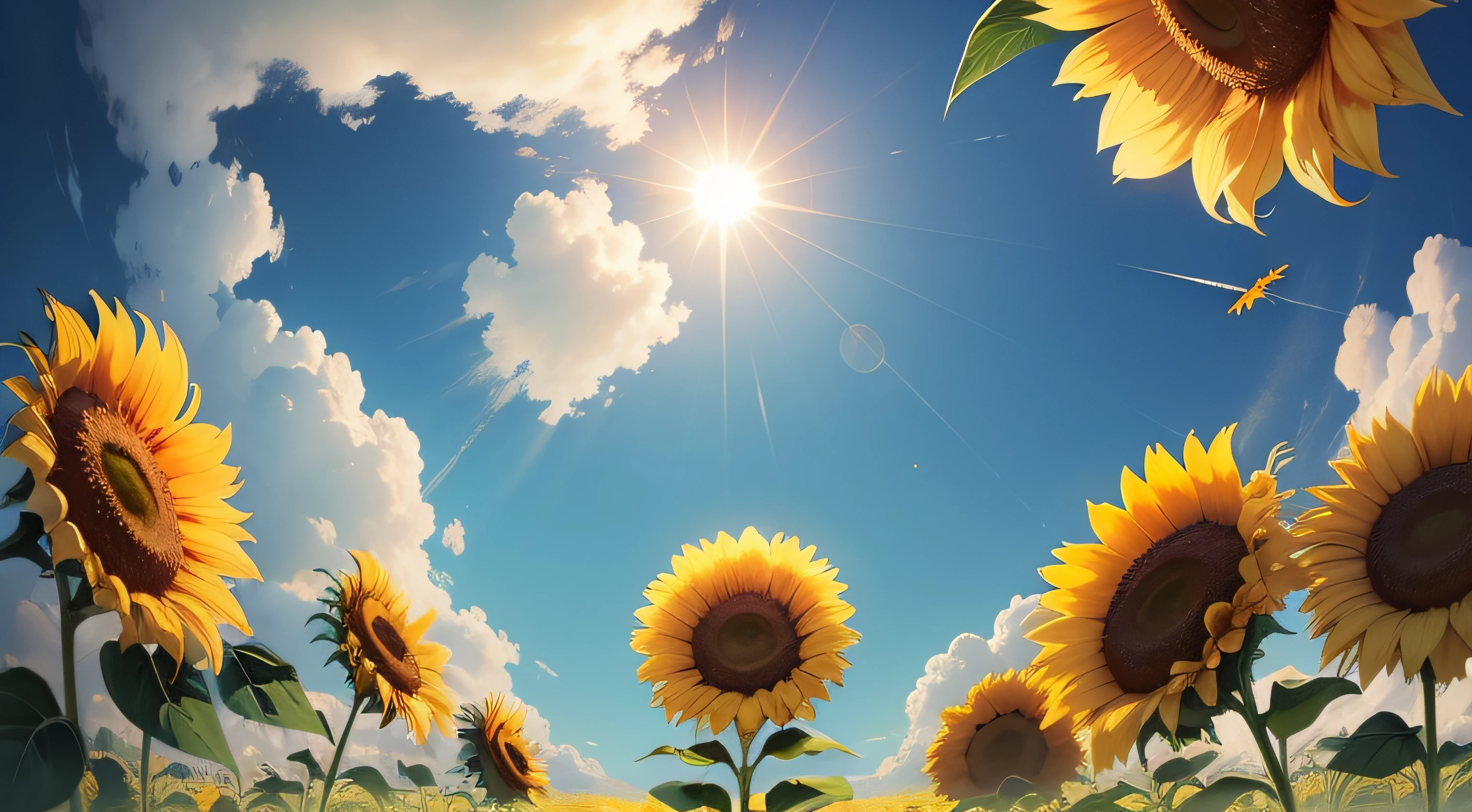 Sun flower、Sunflower flowers、Blue sky background、8K、top-quality、realisitic、from below looking up、Very delicate flowers