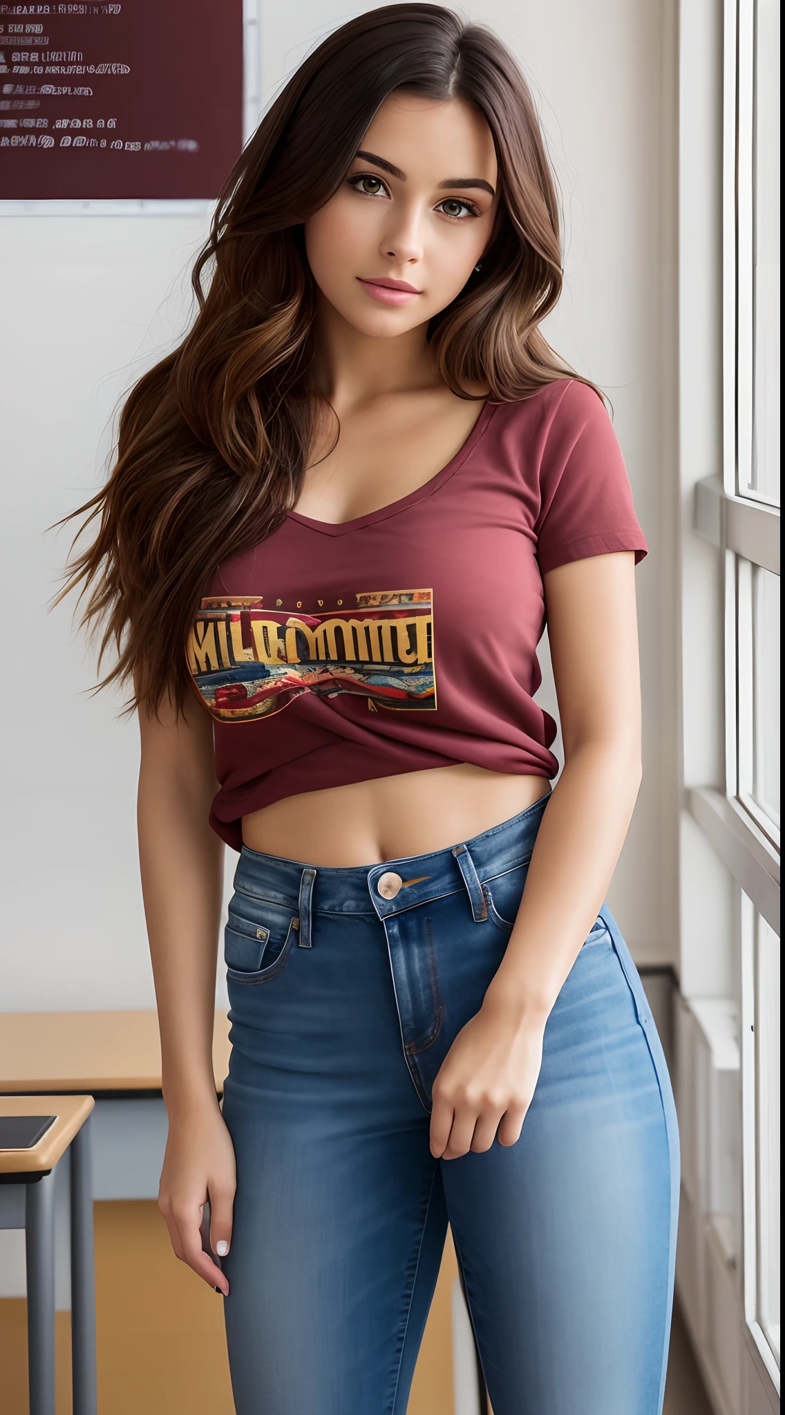 color photograph, full body, shot is taken in anAmerican classroom, ((a realistic photo of a beautiful girl)), (milalc), light, ((glowy skin)), looking_at_viewer, (fit body:1.0), ((medium breasts)), she wears a tight short sleeved shirt and tight jeans, long brown hair with a blond fade, bright blue eyes, freckled face, detailed illustration, masterpiece, high quality, realistic, very detailed face,