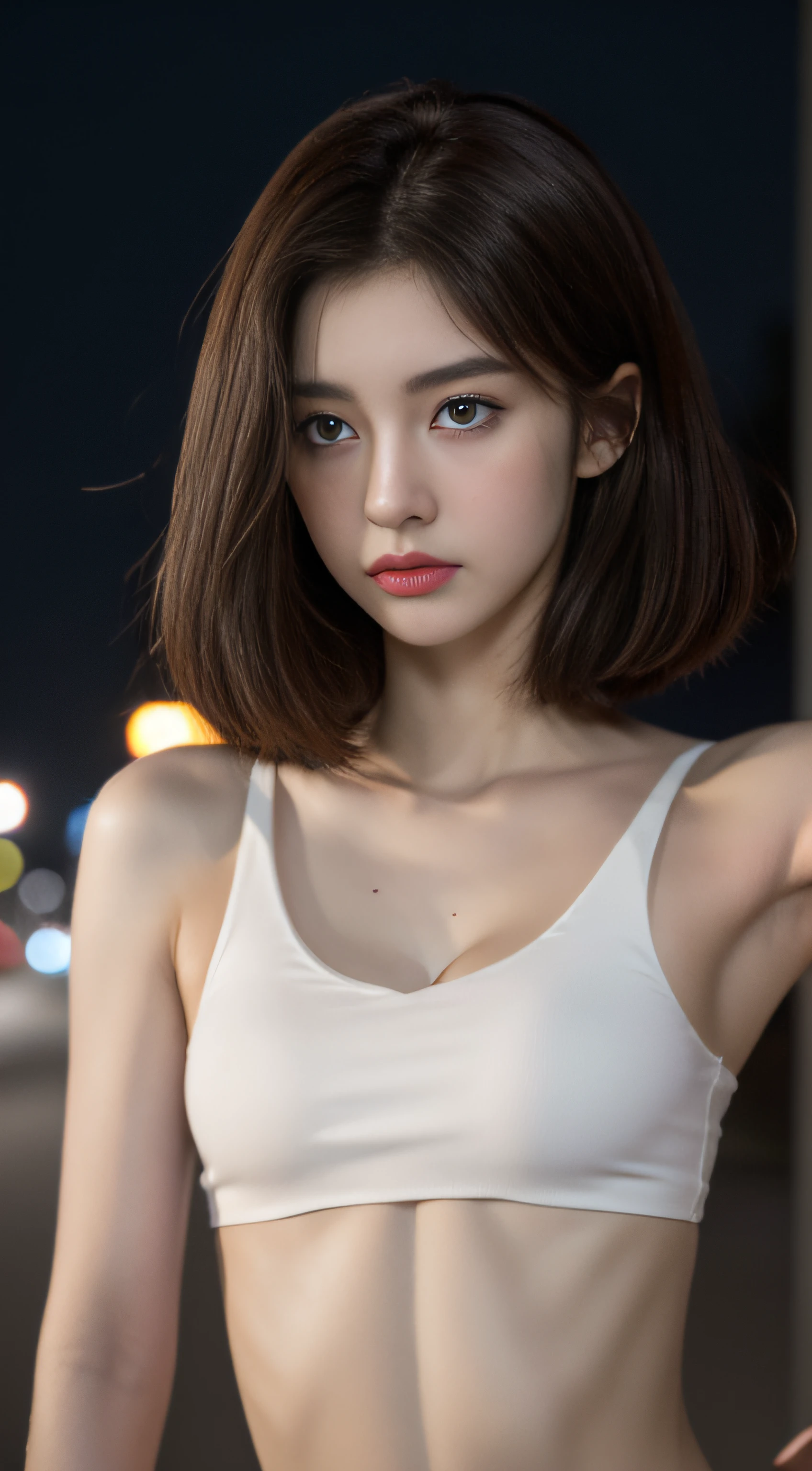 ((Realistic lighting, Best quality, 8K, Masterpiece: 1.3)), Clear focus: 1.2, 1girl, Perfect Figure: 1.4, Slim Abs: 1.1, ((Dark brown hair)), (White crop top: 1.4), (Outdoor, Night: 1.1), City streets, Super fine face, Fine eyes, Double eyelids,