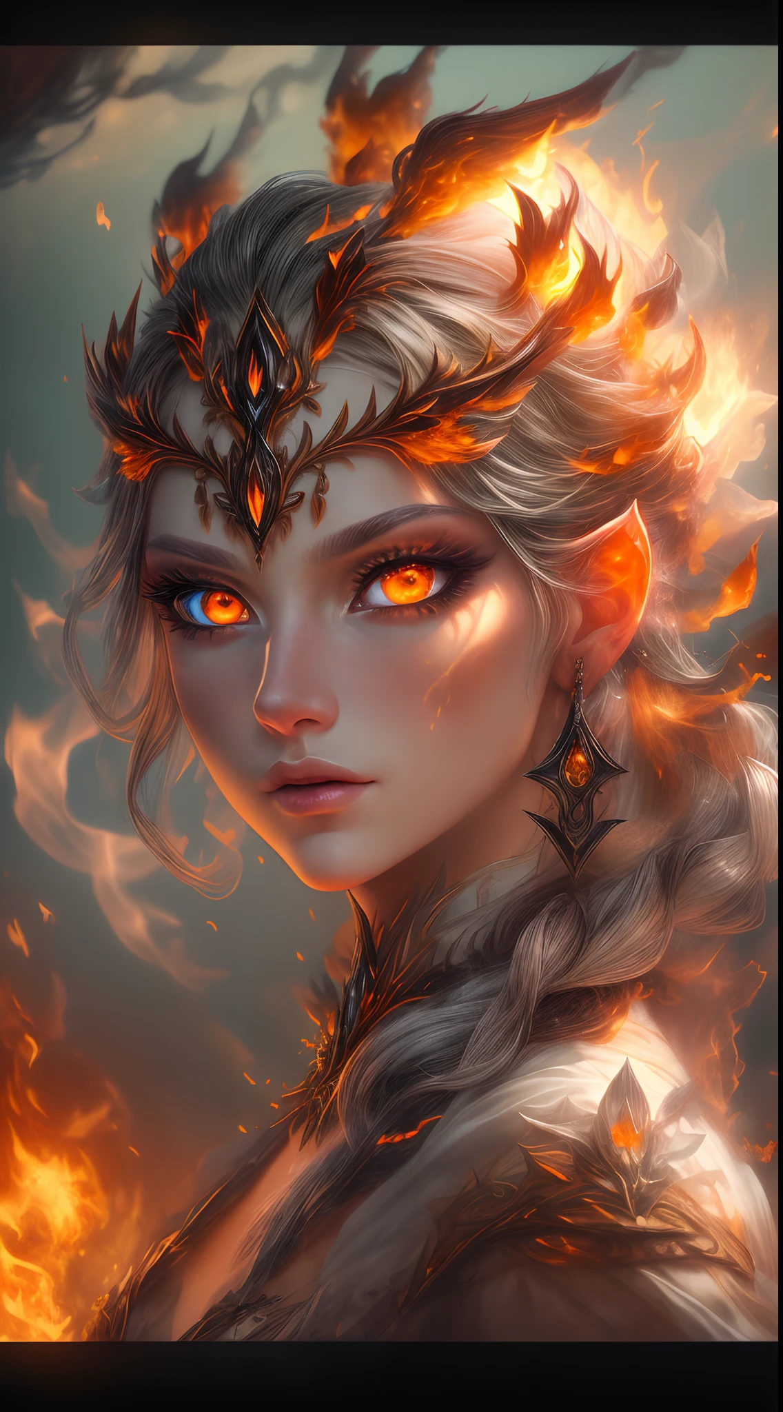 This is a realistic fantasy artwork prominently featuring realistic fire, including wisps of flames, glowing hot embers, subtle curls of smoke, and a beautiful fire druid. The druid stands in the midst of a raging inferno with an interesting composition. Her face is expertly sculpted, with elegant and refined features and perfect shading and realistic skin texture. Her (orange and gold eyes) are stunning and are the focal point of this image. (((Her eyes extremely detailed, beautiful detailed eyes, and macro))). Her eyes feature intricate detailing with clearly defined irises and bright sclera. Her soft lips are smooth and very puffy, and her skin is adorned with a light flush and ornate fire detailing. Her long gown is stunning and expensive, and is made of pure flames and glittering, ornate jewels that glimmer in the fire light. Her billowing gown glitters from the flames and features a delicately and intricately embroidered bodice with wisps of flames running across it. Include fantasy elements like bumps, stones, fiery iridescence, glowing embers, silk, and an interesting background. Include fiery magical creatures such as fiery birds and fiery butterflies that give off a magical and mystical aura. Lighting: Utilize the latest trends in lighting to enhance the artwork's beauty. Camera: Utilize dynamic composition to create a sense of urgency and excitement. Take inspiration from the current masters of the fantasy genre, including trending artists on Artstation and Midjourney. ((masterpiece))
