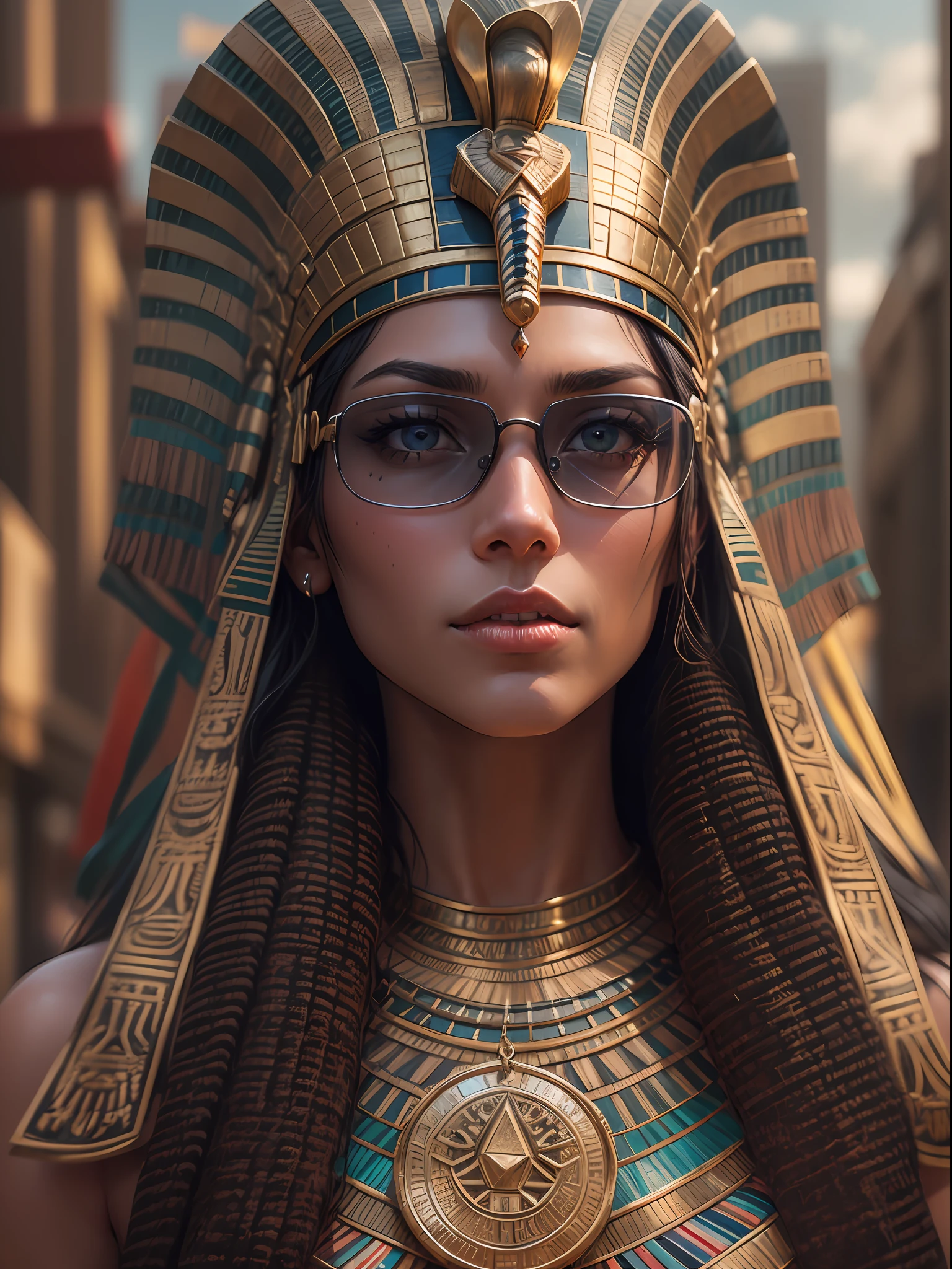 A very realistic and very detailed picture of a beautiful Egyptian Pharaonic woman wearing sunglasses in the city of the future pharaoh , Inscribed outfit with pharaonic shield paintings, long  hair, Hand and body tattoos, Fashion pose, Beautiful hazel eyes symmetrical detailed, detailed gorgeous face, Pharaonic environment developed , Integrating the Pharaonic civilization with future technology , outstanding detail, 30 MP, 4k, Canon EOS 5D Mark IV Digital SLR Camera, 85mm lens, sharp focus, intricately detailed, Long exposure time, f/8, ISO 100, shutter speed 1/125, Diffused backlight, award winning photograph, facing camera, looking into the camera, Monovision, Perfect contrast, high sharpness, facial symmetry, Depth-of-field, ultra-detailed photography, Raitsar, global illumination, Tanvertamim, downy, Ultra-High Definition, 8k, unreal engine 5, Ultra-sharp focus, award-winning photograph, trending on Artstation