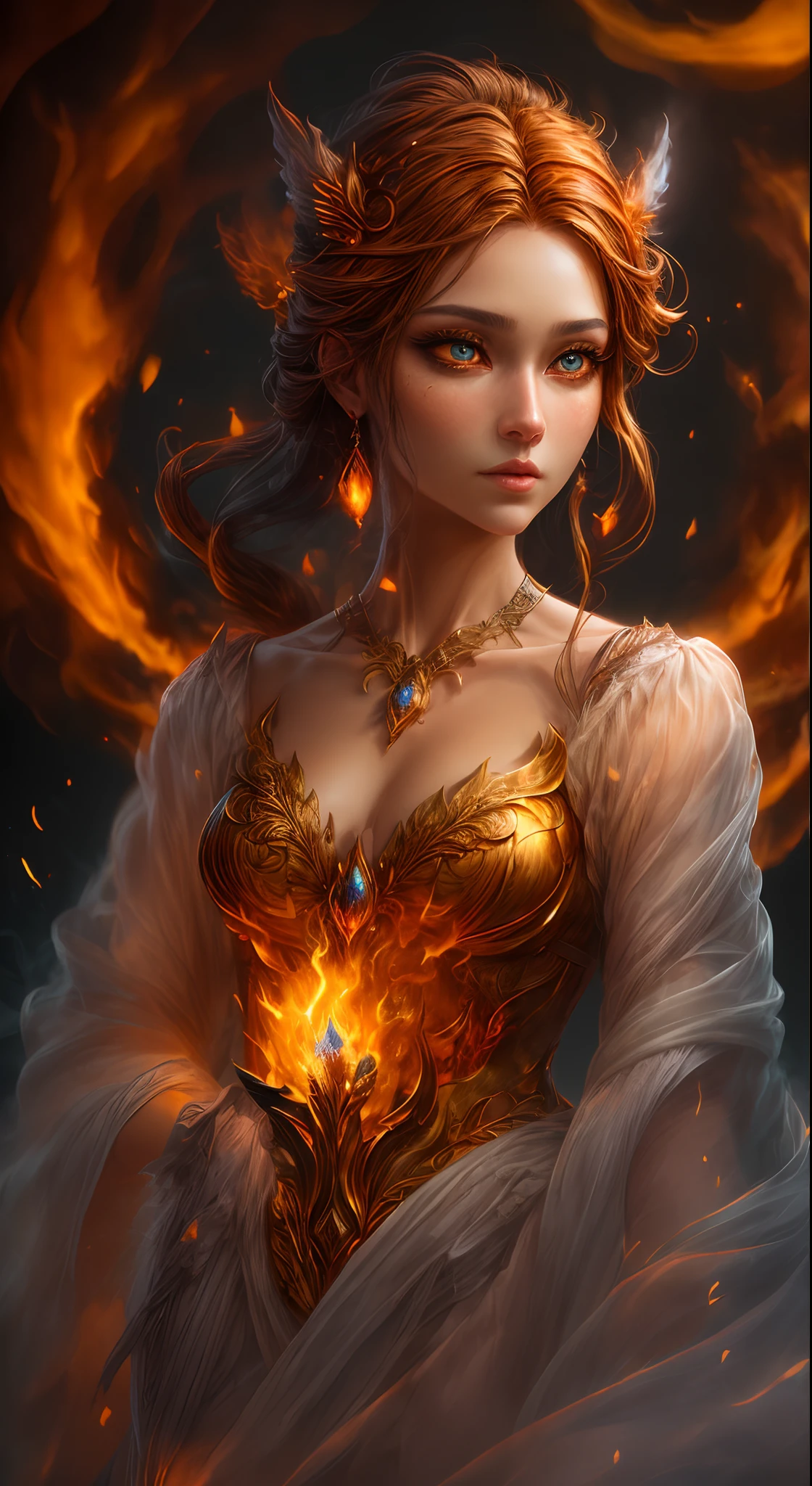 This is a realistic fantasy artwork prominently featuring realistic fire, including wisps of flames, glowing hot embers, subtle curls of smoke, and a beautiful fire druid. The druid stands in the midst of a raging inferno with an interesting composition. Her face is expertly sculpted, with elegant and refined features and perfect shading and realistic skin texture. Her (orange and gold eyes) are stunning and are the focal point of this image. (Her eyes extremely detailed, beautiful detailed eyes, and macro). Her eyes feature intricate detailing with clearly defined irises and bright sclera. Her soft lips are smooth and very puffy, and her skin is adorned with a light flush and ornate fire detailing. Her long gown is stunning and expensive, and is made of pure flames and glittering, ornate jewels that glimmer in the fire light. Her billowing gown glitters from the flames and features a delicately and intricately embroidered bodice with wisps of flames running across it. Include fantasy elements like bumps, stones, fiery iridescence, glowing embers, silk, and an interesting background. Include fiery magical creatures such as fiery birds and fiery butterflies that give off a magical and mystical aura. Lighting: Utilize the latest trends in lighting to enhance the artwork's beauty. Camera: Utilize dynamic composition to create a sense of urgency and excitement. Take inspiration from the current masters of the fantasy genre, including trending artists on Artstation and Midjourney. ((masterpiece))