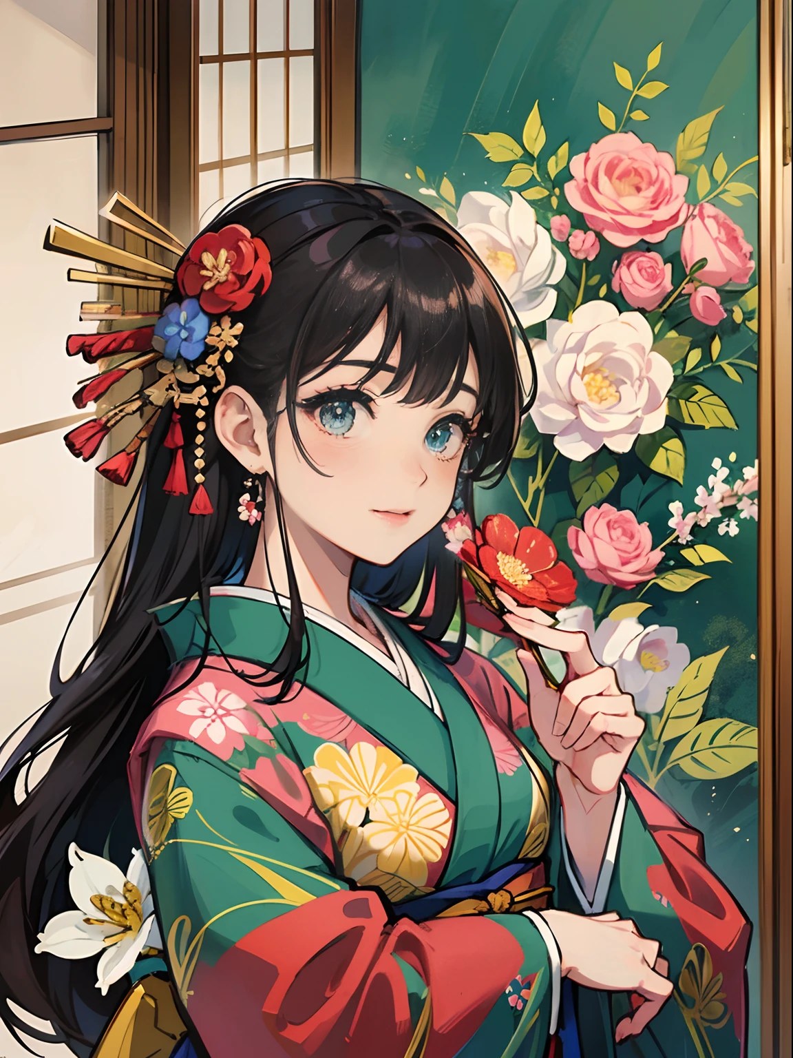 Master Pieces,hyper quality, Hyper Detailed,Perfect drawing,独奏、Beauty in the world、Komono、Japanese dress、Black-haired、Japanese hair、Colorful Japan kimono、Nishijin Ori、Delicate and smart eyes、ssmile、sidelong glance、Graceful、Gorgeous、Beautiful、red blush(0.2)、Dazzling、Stunning、Gorgeous、Gentle、Shunguang、natural soft light、Flowers and Birds Fugetsu、traditional Japanese room、Accurate drawing、Detailed drawing、
