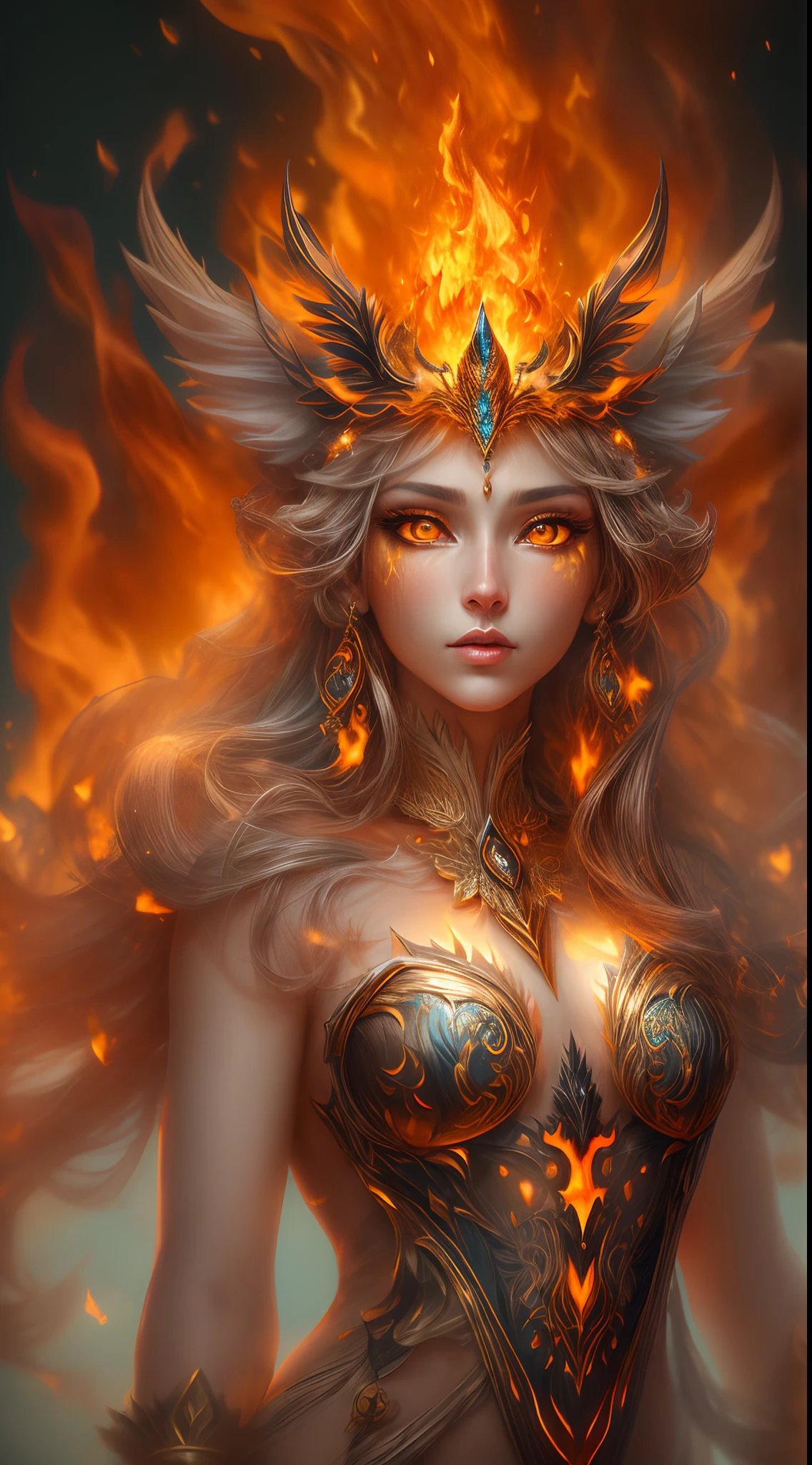 This is a realistic fantasy artwork prominently featuring realistic fire, including wisps of flames, glowing hot embers, subtle curls of smoke, and a beautiful fire druid. The druid stands in the midst of a raging inferno with an interesting composition. Her face is expertly sculpted, with elegant and refined features and perfect shading and realistic skin texture. Her (orange and gold eyes) are stunning and are the focal point of this image. (Her eyes extremely detailed, beautiful detailed eyes, and macro). Her eyes feature intricate detailing with clearly defined irises and bright sclera. Her soft lips are smooth and very puffy, and her skin is adorned with a light flush and ornate fire detailing. Her long gown is stunning and expensive, and is made of pure flames and glittering, ornate jewels that glimmer in the fire light. Her billowing gown glitters from the flames and features a delicately and intricately embroidered bodice with wisps of flames running across it. Include fantasy elements like bumps, stones, fiery iridescence, glowing embers, silk, and an interesting background. Include fiery magical creatures such as fiery birds and fiery butterflies that give off a magical and mystical aura. Lighting: Utilize the latest trends in lighting to enhance the artwork's beauty. Camera: Utilize dynamic composition to create a sense of urgency and excitement. Take inspiration from the current masters of the fantasy genre, including trending artists on Artstation and Midjourney. ((masterpiece))