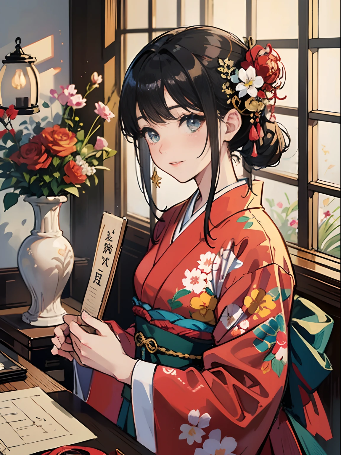 Master Pieces,hyper quality, Hyper Detailed,Perfect drawing,独奏、Beauty in the world、Komono、Japanese dress、Black-haired、Japanese hair、Colorful Japan kimono、Nishijin Ori、Delicate and smart eyes、ssmile、sidelong glance、Graceful、Gorgeous、Beautiful、red blush(0.2)、Dazzling、Stunning、Gorgeous、Gentle、Shunguang、natural soft light、Flowers and Birds Fugetsu、traditional Japanese room、Accurate drawing、Detailed drawing、