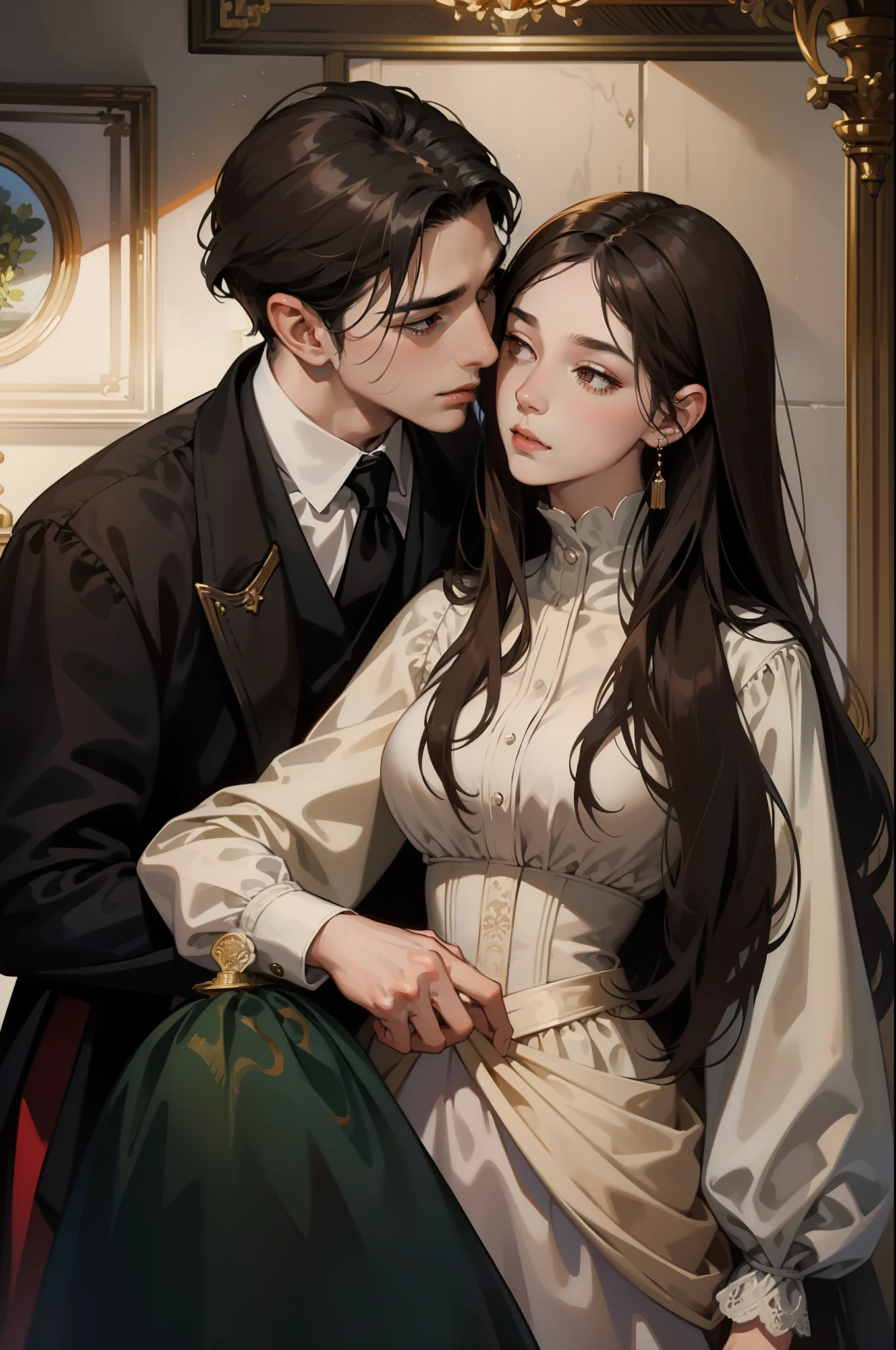 ((masterpieces)), best quality, outstanding illustration, a couple kissing, soft focus, 1 boy with long black hair, 1 girl with long brown hair, Victorian clothes, Victorian romanticism, opulent and exquisite atmosphere, soft light and warm lighting.