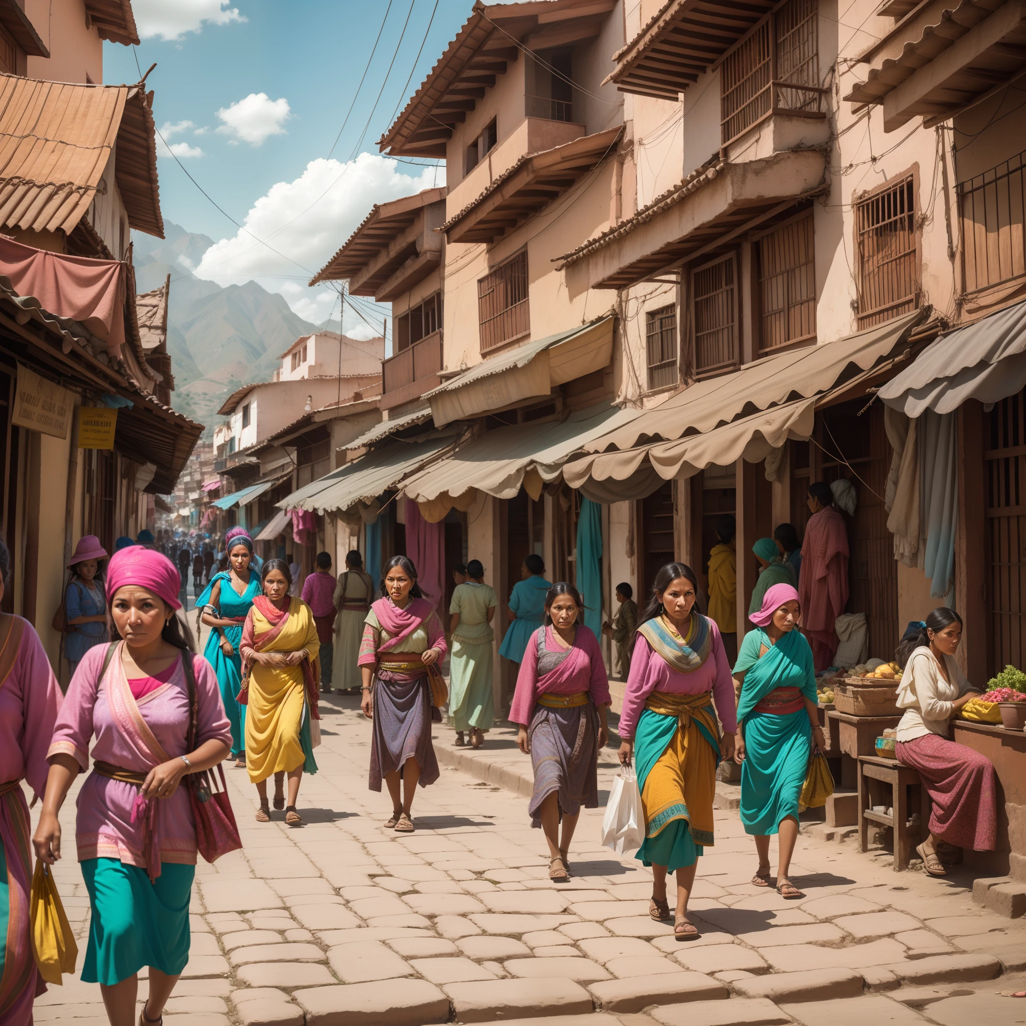 Bolivian street life, beautiful Inca streets, people walking, shopping, trading, ((Best quality)), ((masterpiece)), (detailed: 1.4) perfect faces, best quality faces