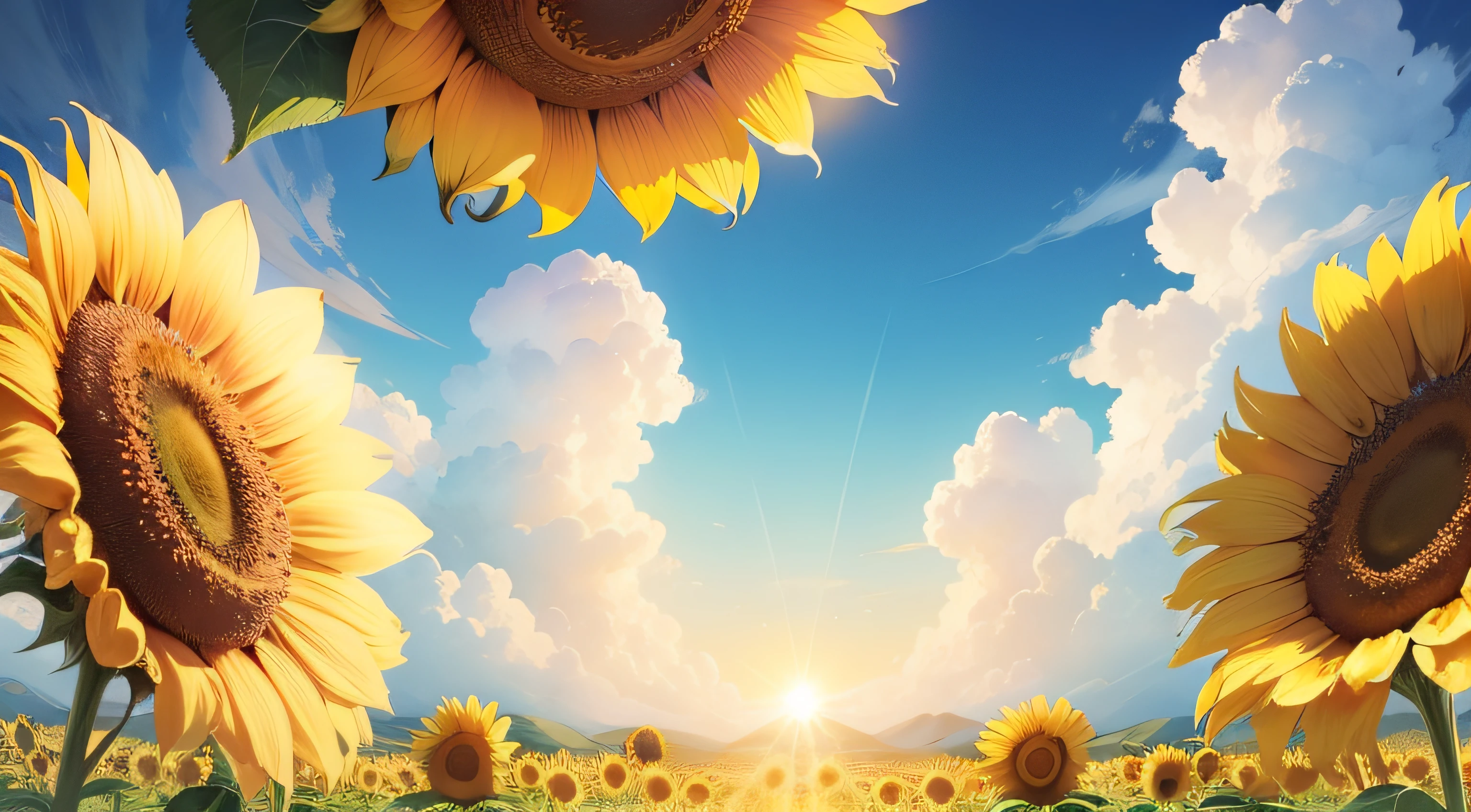Sun flower、Sunflower flowers、Blue sky background、8K、top-quality、realisitic、from below looking up