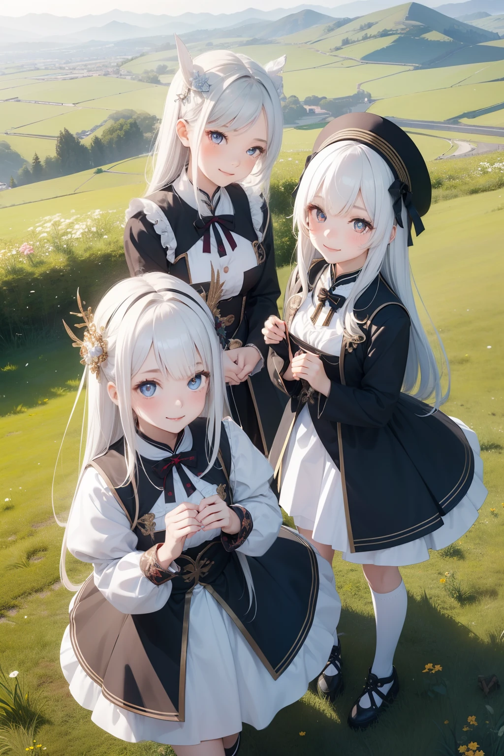 3 girl, 3girl, Twin sisters, Same appearance, jiaocha, chinese clothes, masterpiece,intricate details,best quality,child,nahida_genshin,detailed eyes,((cross-shaped pupils)),1girl, from above,white hair,sunlight,smile,glow green particles,outdoors,sunshine,grass,grassland,field of depth, (masterpiece, best quality:1.2), 3girl, marianna von edmund, smile, looking at viewer, garreg mach monastery uniform, long sleeves, dark , jiaocha, twin sister Same appearance. {white color hair}