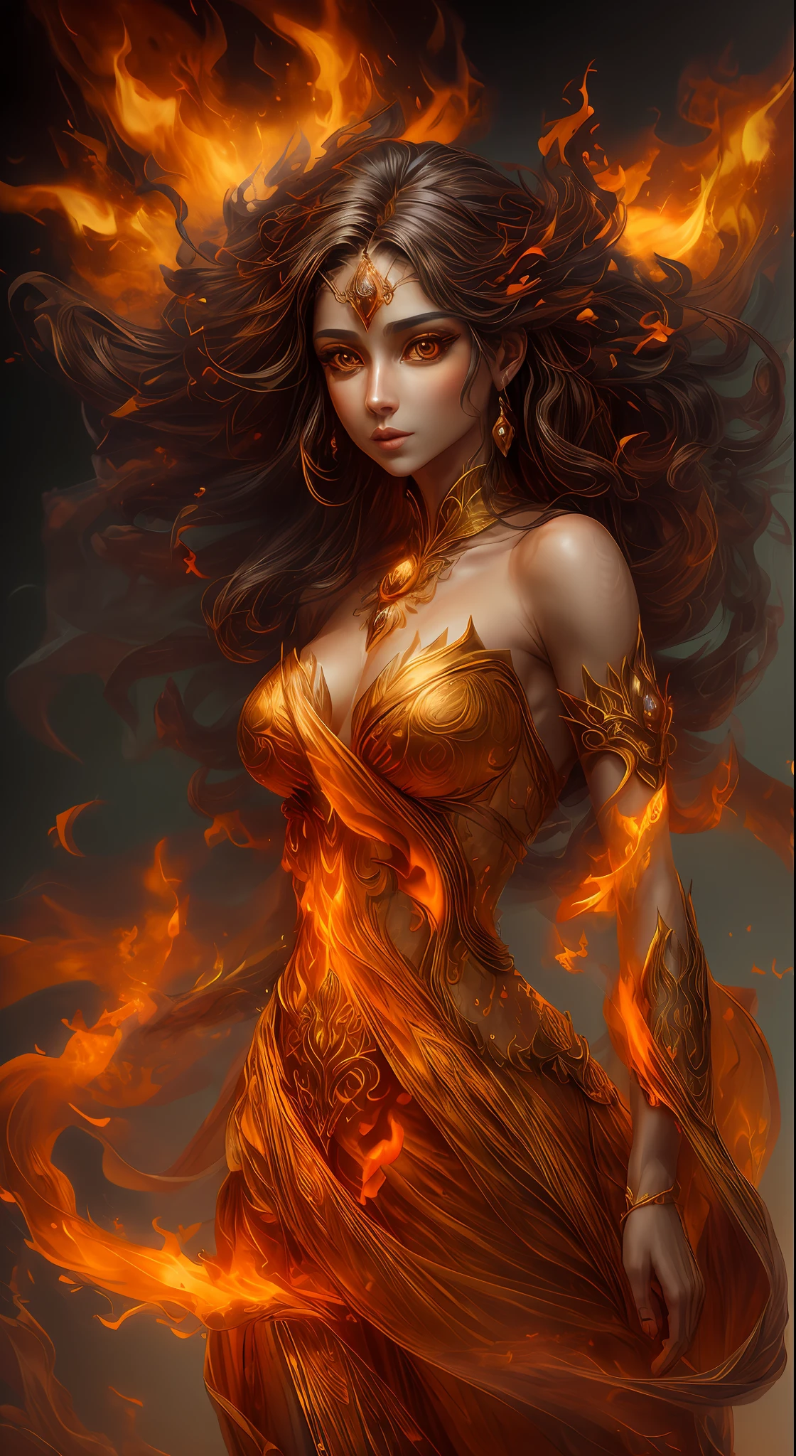 This is a realistic fantasy artwork prominently featuring realistic fire, including wisps of flames, glowing hot embers, subtle curls of smoke, and a beautiful fire druid. The druid stands in the midst of a raging inferno with an interesting composition. Her face is expertly sculpted, with elegant and refined features and perfect shading and realistic skin texture. Her (orange and gold eyes) are stunning and are the focal point of this image. (((Her eyes extremely detailed, beautiful detailed eyes, and macro))). Her eyes feature intricate detailing with clearly defined irises and bright sclera. Her soft lips are smooth and very puffy, and her skin is adorned with a light flush and ornate fire detailing. Her long gown is stunning and expensive, and is made of pure flames and glittering, ornate jewels that glimmer in the fire light. Her billowing gown glitters from the flames and features a delicately and intricately embroidered bodice with wisps of flames running across it. Include fantasy elements like bumps, stones, fiery iridescence, glowing embers, silk, and an interesting background. Include fiery magical creatures such as fiery birds and fiery butterflies that give off a magical and mystical aura. Lighting: Utilize the latest trends in lighting to enhance the artwork's beauty. Camera: Utilize dynamic composition to create a sense of urgency and excitement. Take inspiration from the current masters of the fantasy genre, including trending artists on Artstation and Midjourney. ((masterpiece))