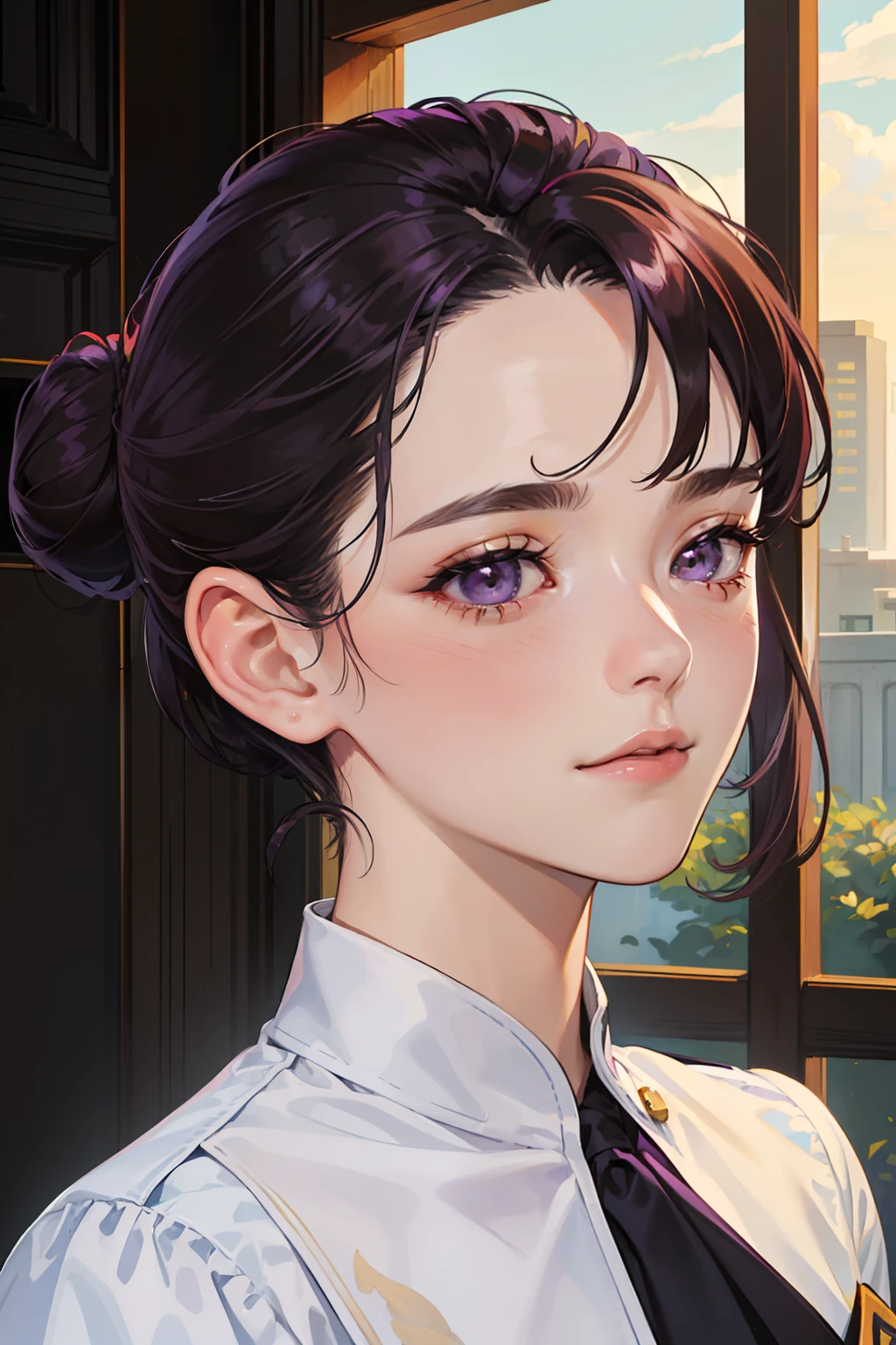 masterpiece, best quality, realistic, mature female, cute, 15 years old, closed mouth, portrait, extremely detailed face, warm, ((dark purple eyes)), suit, ((with Black lower bun hair)), ((front bangs hair)), [thin eyebrows], school, ((Yellow uniform)), no makeup, light smile, ear blush, light blush, shorteyelashes, 4k