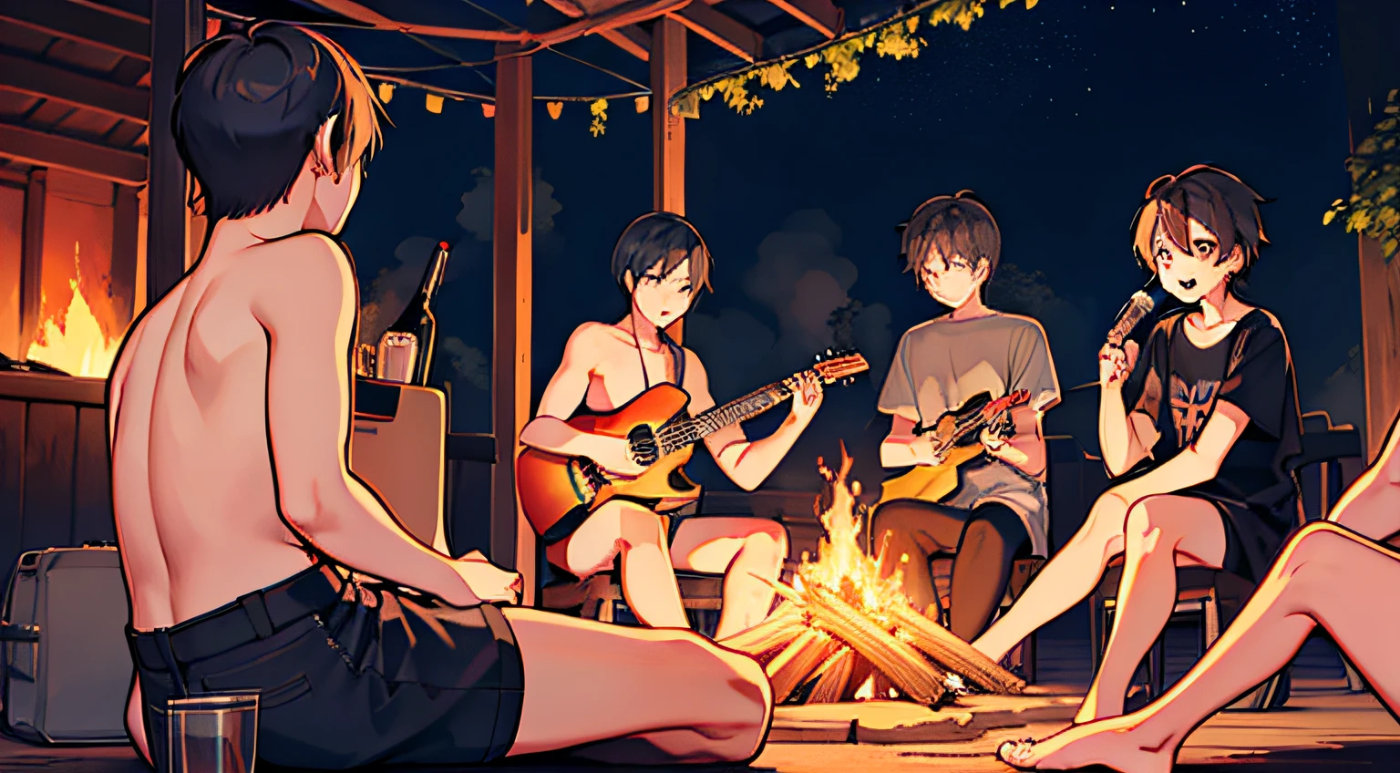 campfire、guitar、beer、Multiple naked boys making noise