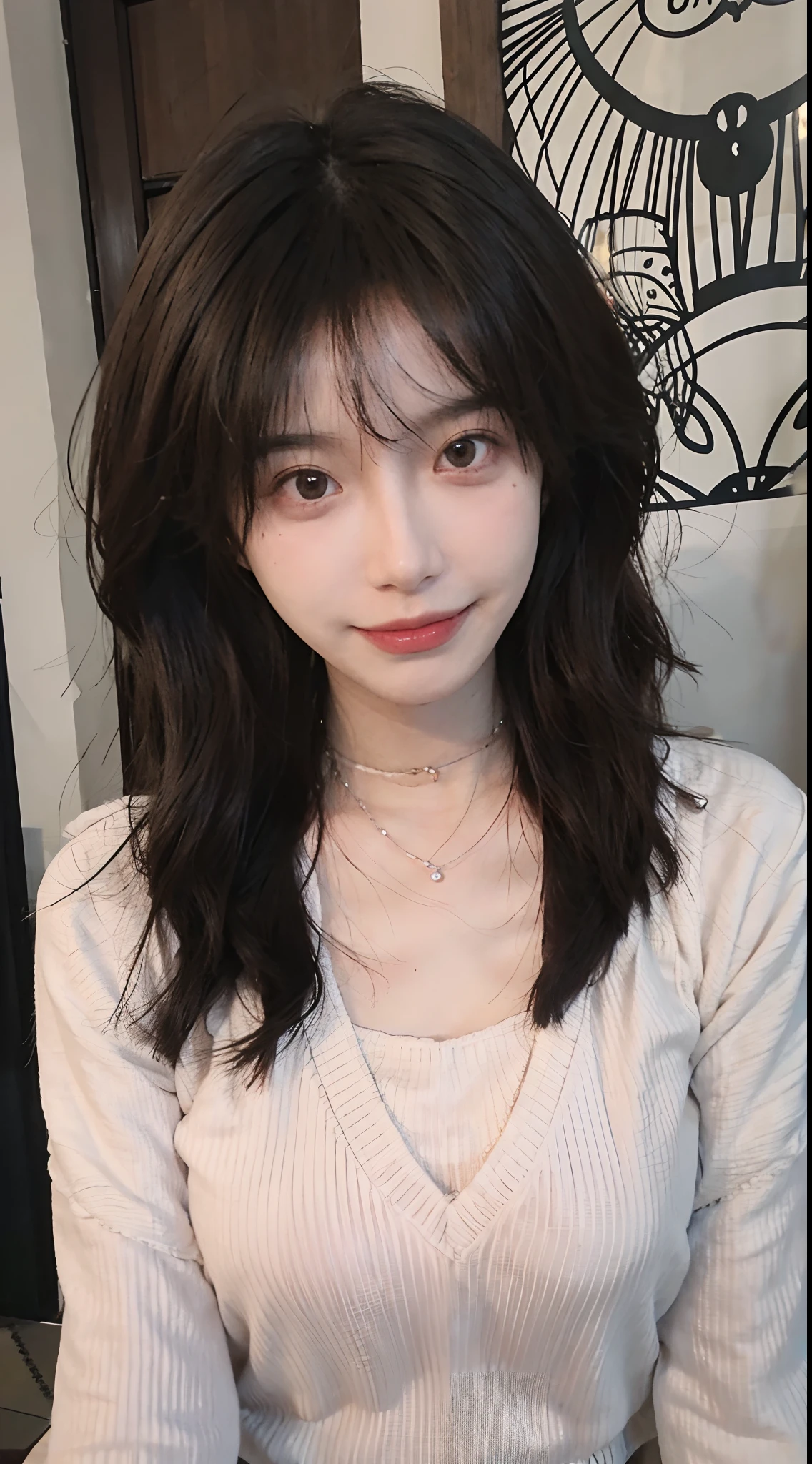 best qualtiy， 超高分辨率， （realisticlying：1.4），cute hairpin，Baoyu Girl，1girll, Beautiful woman with a slim figure:1.4, Abs:1.1, (A brown-haired, mideum breasts:1.3), Long pink sweater:1.1, 浴室,Ultra-fine face，Elaborate Eyes，二重まぶた，ssmile，choker necklace