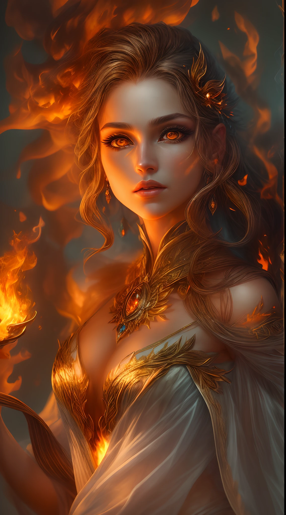This is a realistic fantasy artwork prominently featuring realistic fire, including wisps of flames, glowing hot embers, subtle curls of smoke, and a beautiful fire druid. The druid stands in the midst of a raging inferno with an interesting composition. Her face is expertly sculpted, with elegant and refined features and perfect shading and realistic skin texture. Her (orange and gold eyes) are stunning and are the focal point of this image. (Her eyes extremely detailed, beautiful detailed eyes, and macro). Her eyes feature intricate detailing with clearly defined irises and bright sclera. Her soft lips are smooth and very puffy, and her skin is adorned with a light flush and ornate fire detailing. Her long gown is stunning and expensive, and is made of pure flames and glittering, ornate jewels that glimmer in the fire light. Her billowing gown glitters from the flames and features a delicately and intricately embroidered bodice with wisps of flames running across it. Include fantasy elements like bumps, stones, fiery iridescence, glowing embers, silk, and an interesting background. Include fiery magical creatures such as fiery birds and fiery butterflies that give off a magical and mystical aura. Lighting: Utilize the latest trends in lighting to enhance the artwork's beauty. Camera: Utilize dynamic composition to create a sense of urgency and excitement. Take inspiration from the current masters of the fantasy genre, including trending artists on Artstation and Midjourney. ((masterpiece))